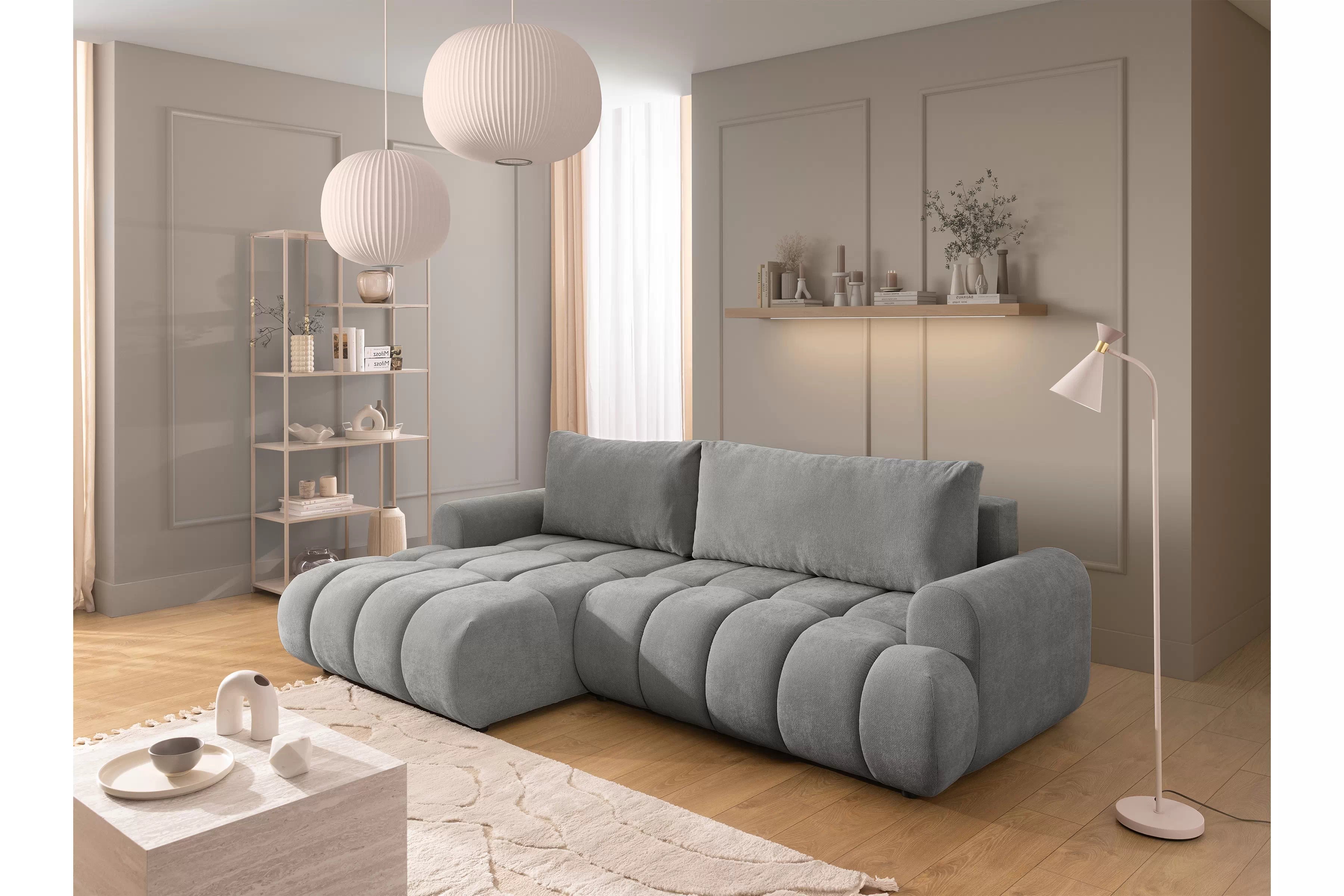 Rozkládací rohová sedací souprava Lutario Mini levá - šedá Venice 2023 Rohová sedací souprava Lutario Mini rozkládací levá - šedá plecionka hydrofobowa Venice 2023 