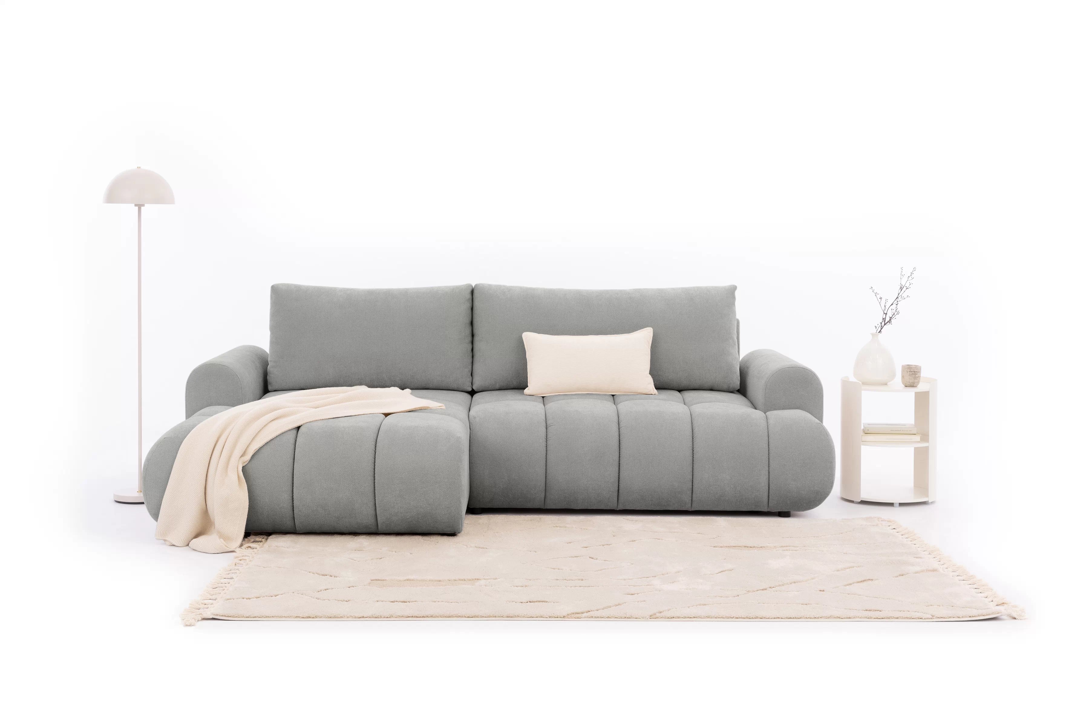 Rozkládací rohová sedací souprava Lutario Mini levá - šedá Venice 2023 Rohová sedací souprava Lutario Mini rozkládací levá - šedá plecionka hydrofobowa Venice 2023 