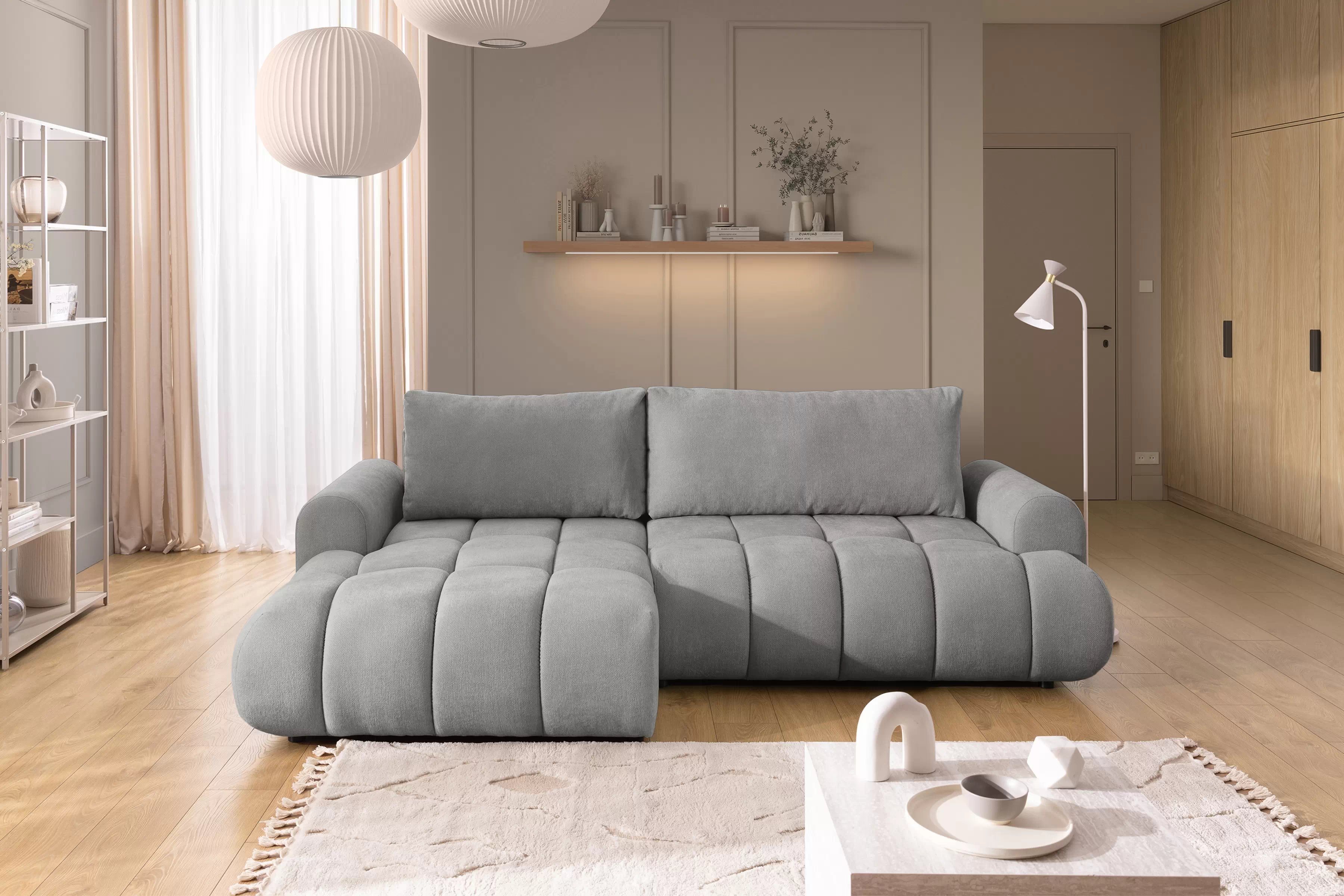 Rozkládací rohová sedací souprava Lutario Mini levá - šedá Venice 2023 Rohová sedací souprava Lutario Mini rozkládací levá - šedá plecionka hydrofobowa Venice 2023 