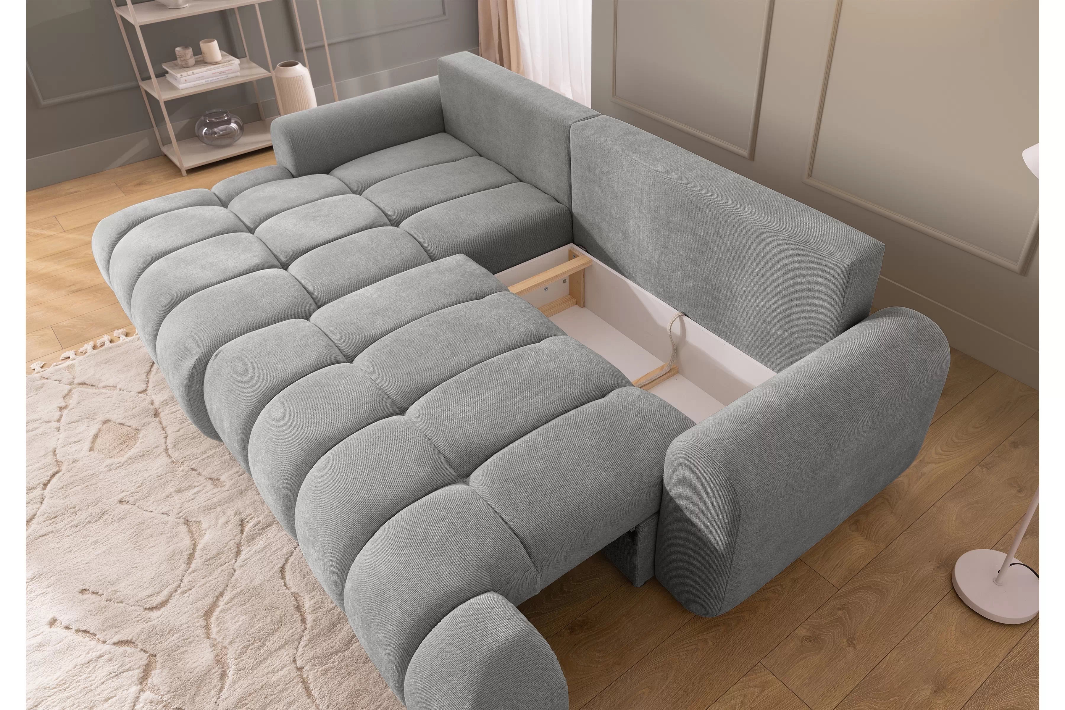 Rozkládací rohová sedací souprava Lutario Mini levá - šedá Venice 2023 Rohová sedací souprava Lutario Mini rozkládací levá - šedá plecionka hydrofobowa Venice 2023 