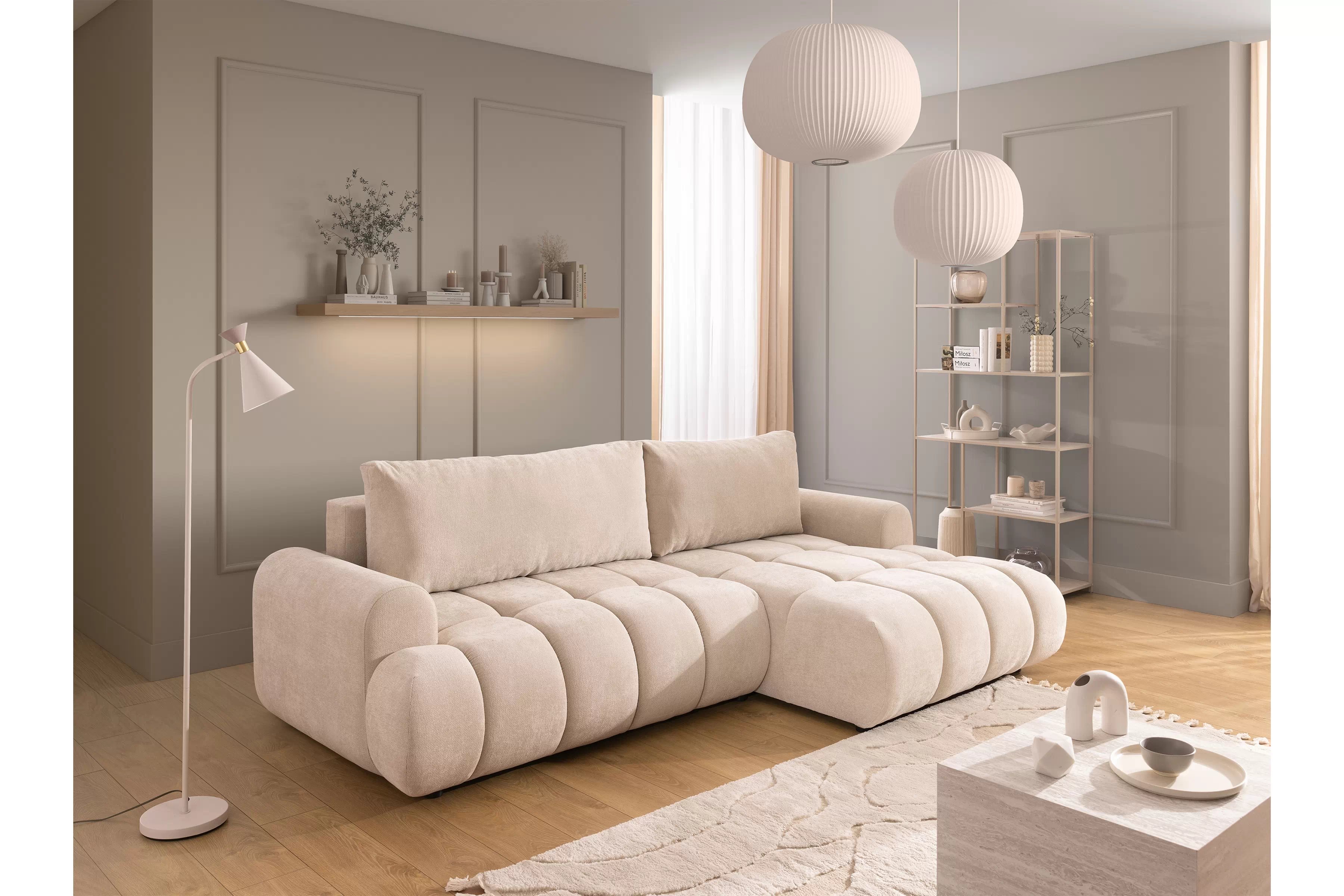 Rozkládací rohová sedací souprava Lutario Mini pravá - béžová Venice 2026 Rohová sedací souprava Lutario Mini rozkládací pravá - béžová plecionka hydrofobowa Venice 2026