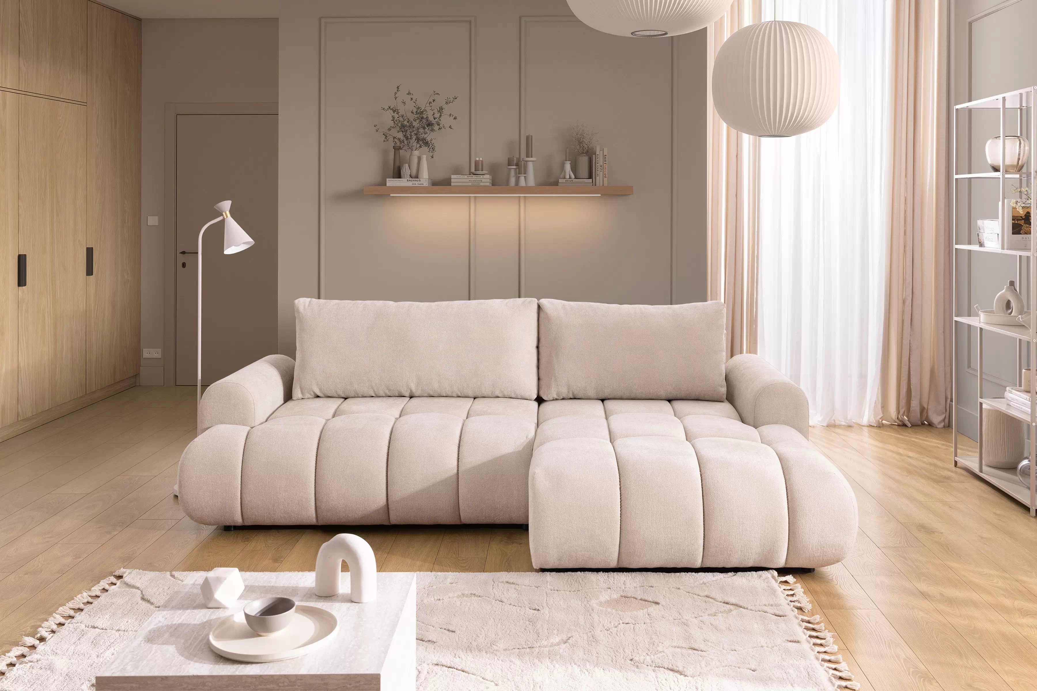 Rozkládací rohová sedací souprava Lutario Mini pravá - béžová Venice 2026 Rohová sedací souprava Lutario Mini rozkládací pravá - béžová plecionka hydrofobowa Venice 2026