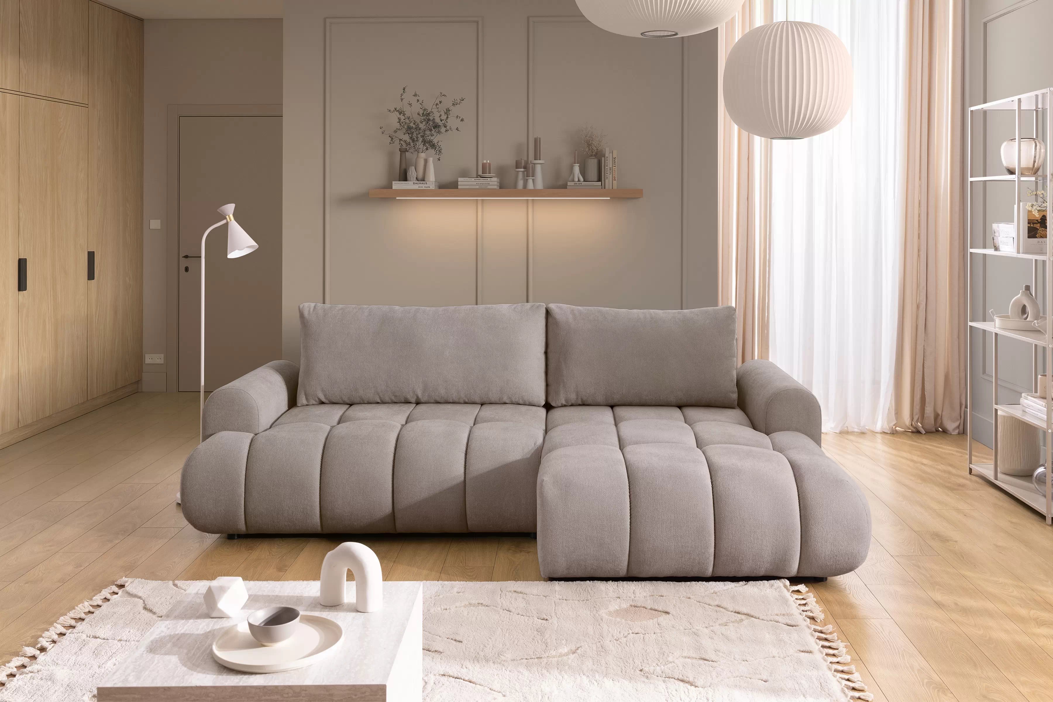 Rozkládací rohová sedací souprava Lutario Mini pravá - tmavě béžová Venice 2031 Rohová sedací souprava Lutario Mini rozkládací pravá - ciemnobezowa plecionka hydrofobowa Venice 2031