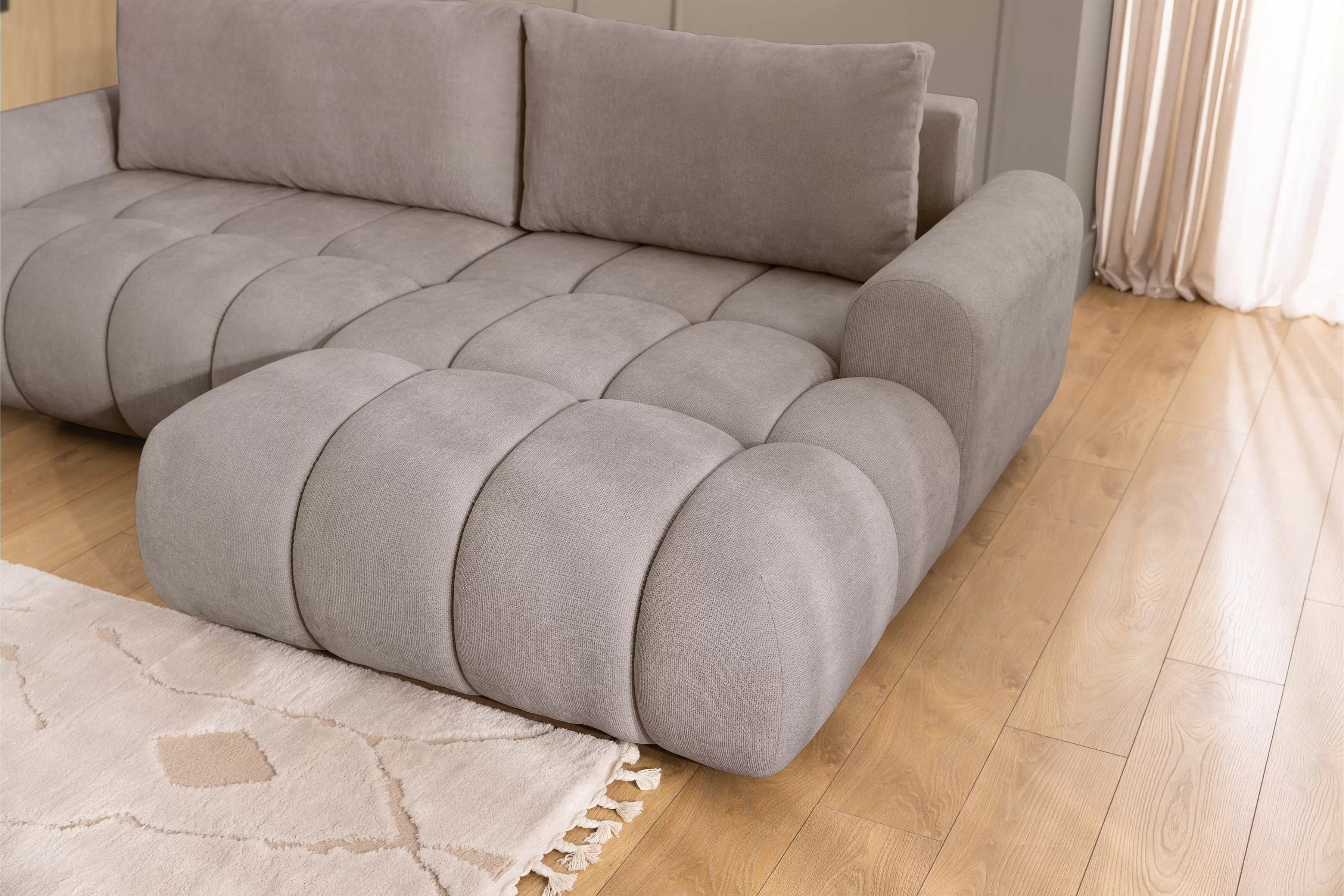 Rozkládací rohová sedací souprava Lutario Mini pravá - tmavě béžová Venice 2031 Rohová sedací souprava Lutario Mini rozkládací pravá - ciemnobezowa plecionka hydrofobowa Venice 2031