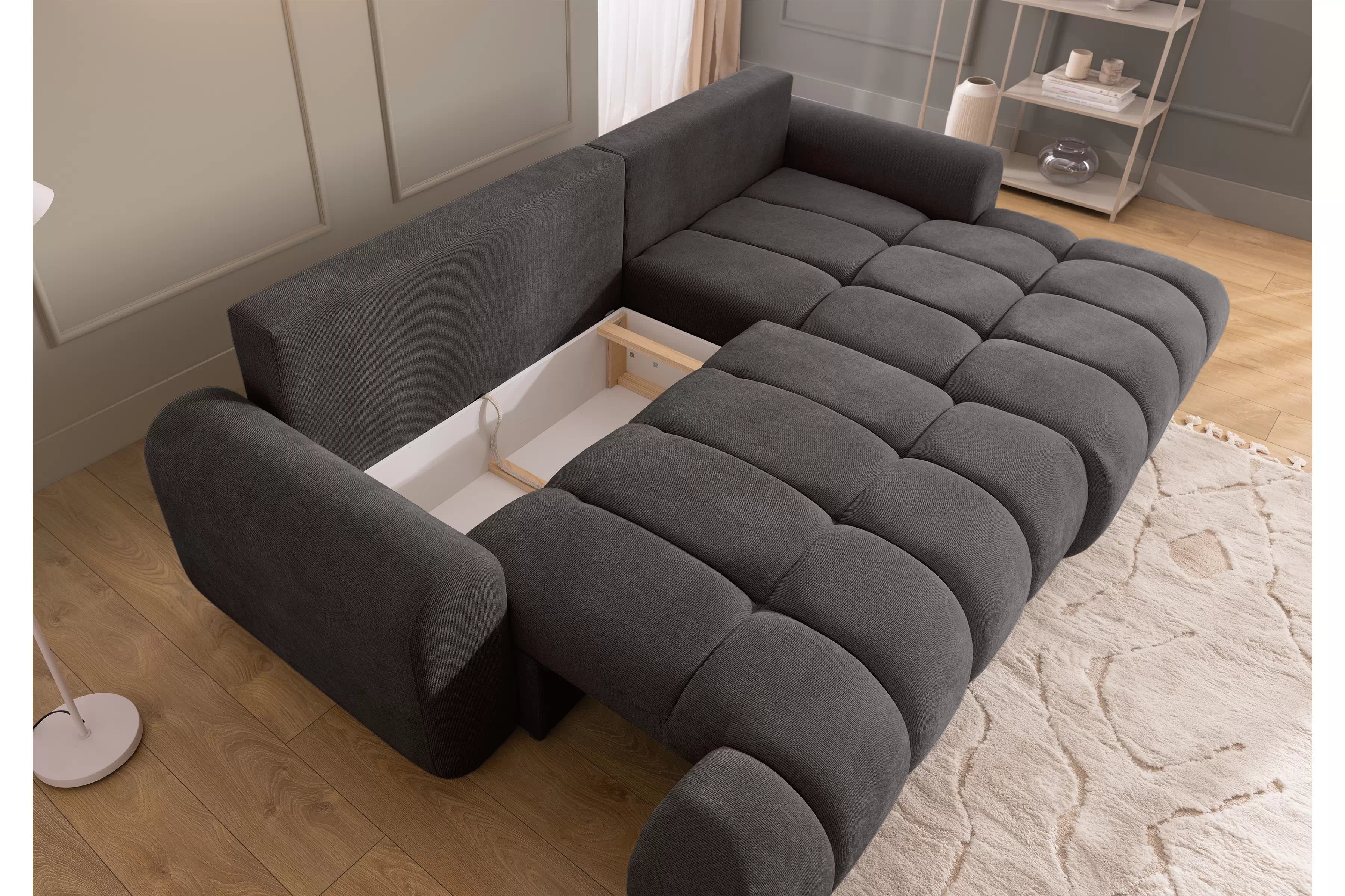 Rozkládací rohová sedací souprava Lutario Mini pravá - tmavě šedá Venice 2021 Rohová sedací souprava Lutario Mini rozkládací pravá - ciemnoszara plecionka hydrofobowa Venice 2021