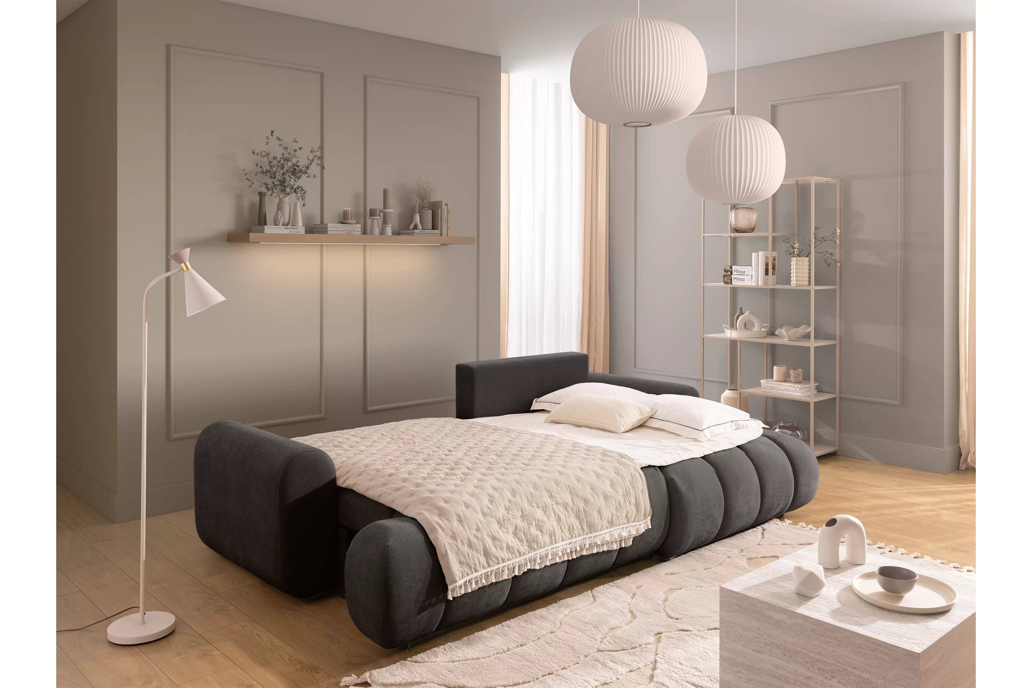 Rozkládací rohová sedací souprava Lutario Mini pravá - tmavě šedá Venice 2021 Rohová sedací souprava Lutario Mini rozkládací pravá - ciemnoszara plecionka hydrofobowa Venice 2021