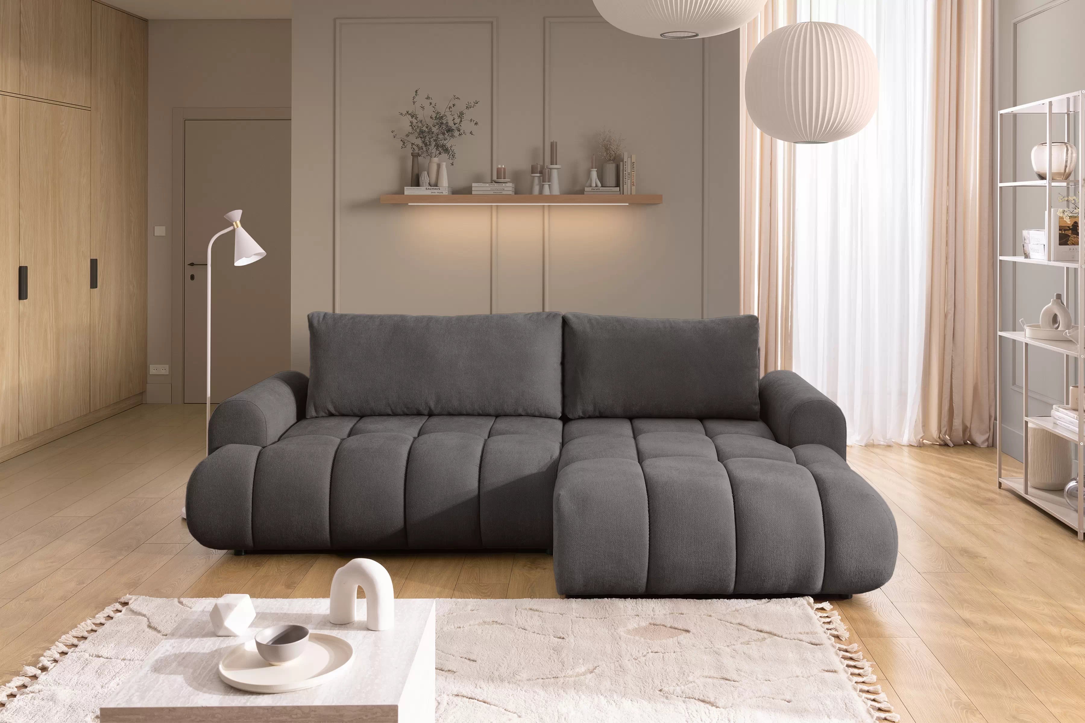 Rozkládací rohová sedací souprava Lutario Mini pravá - tmavě šedá Venice 2021 Rohová sedací souprava Lutario Mini rozkládací pravá - ciemnoszara plecionka hydrofobowa Venice 2021