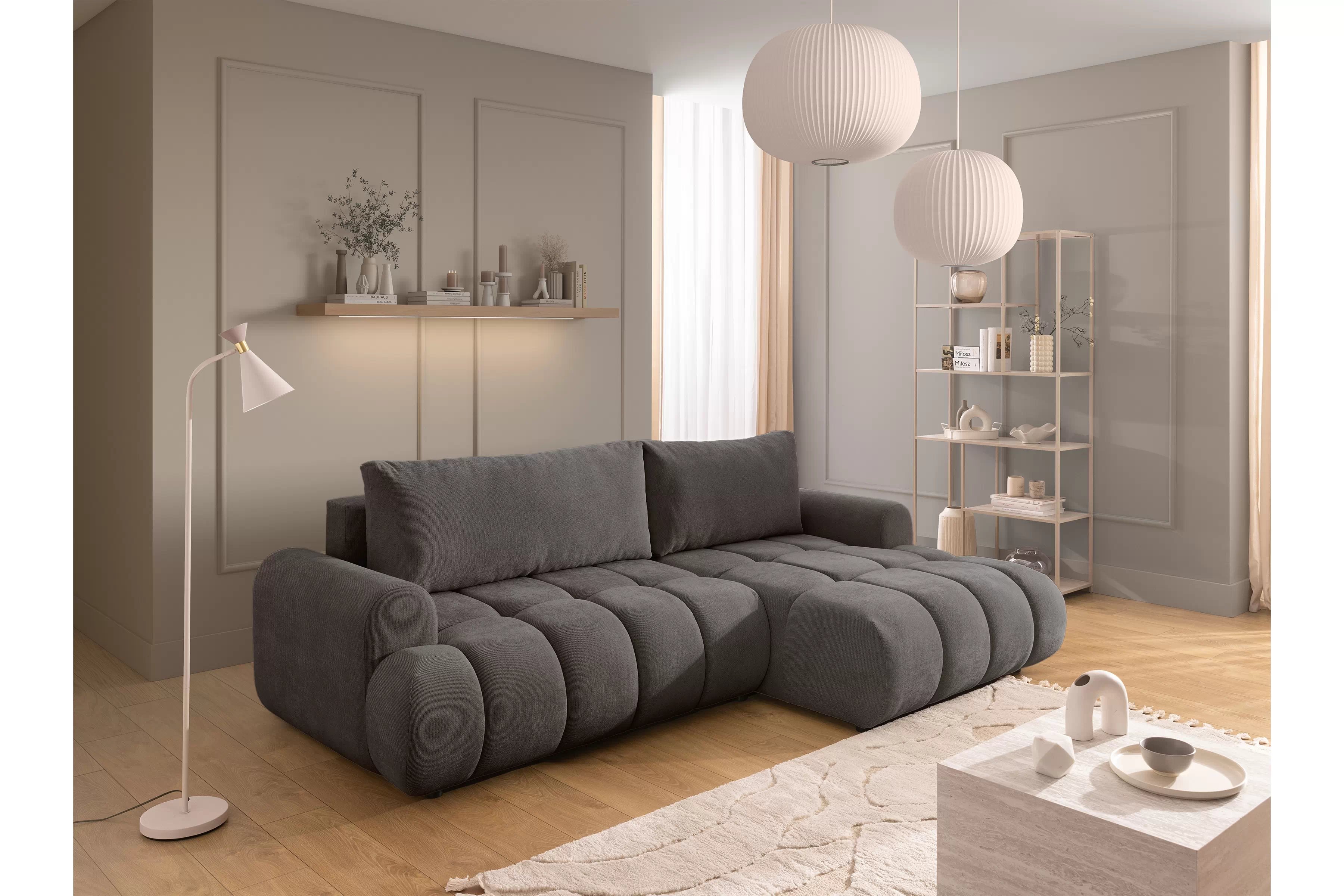 Rozkládací rohová sedací souprava Lutario Mini pravá - tmavě šedá Venice 2021 Rohová sedací souprava Lutario Mini rozkládací pravá - ciemnoszara plecionka hydrofobowa Venice 2021