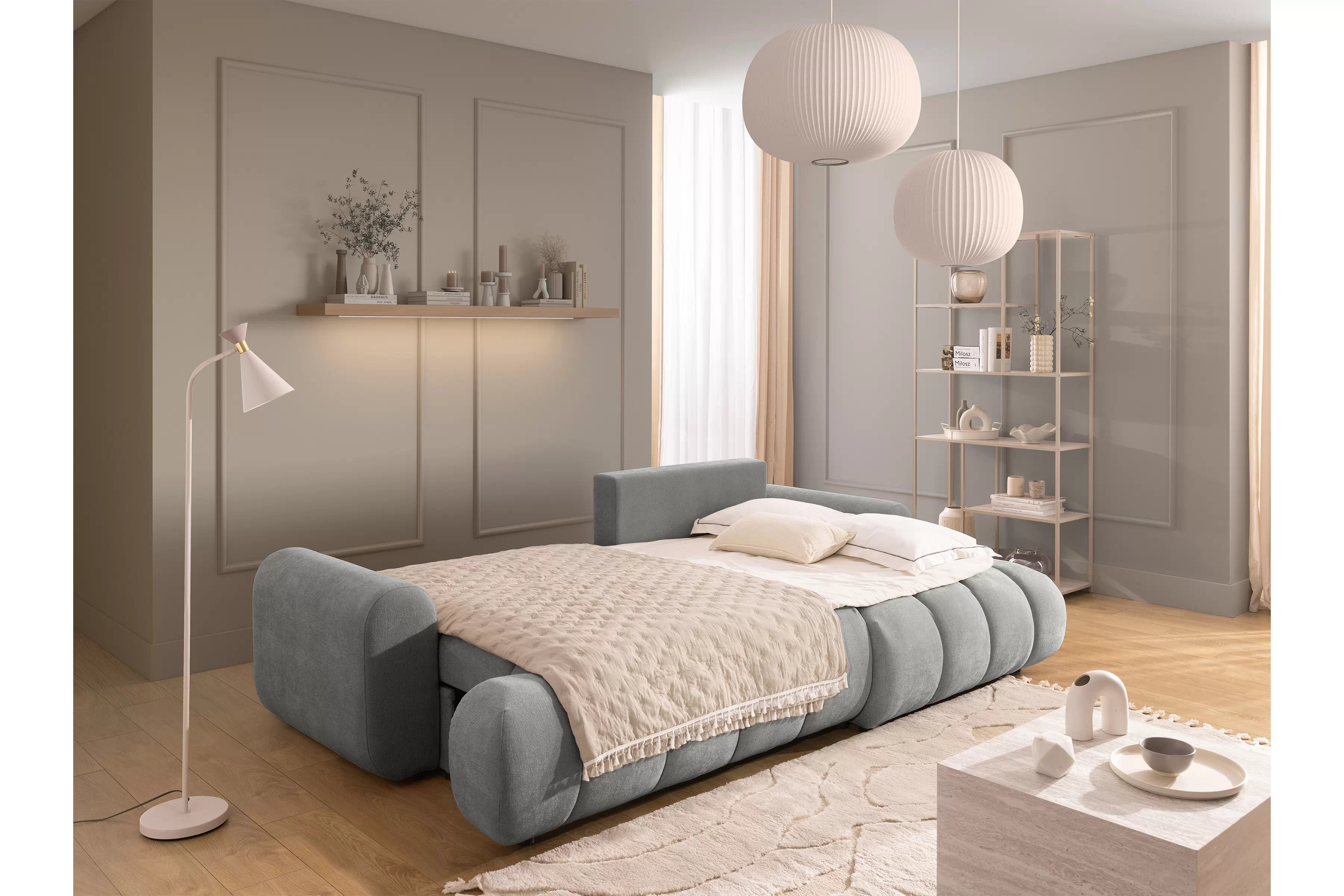 Rozkládací rohová sedací souprava Lutario Mini pravá - šedá Venice 2023 Rohová sedací souprava Lutario Mini rozkládací pravá - šedá plecionka hydrofobowa Venice 2023