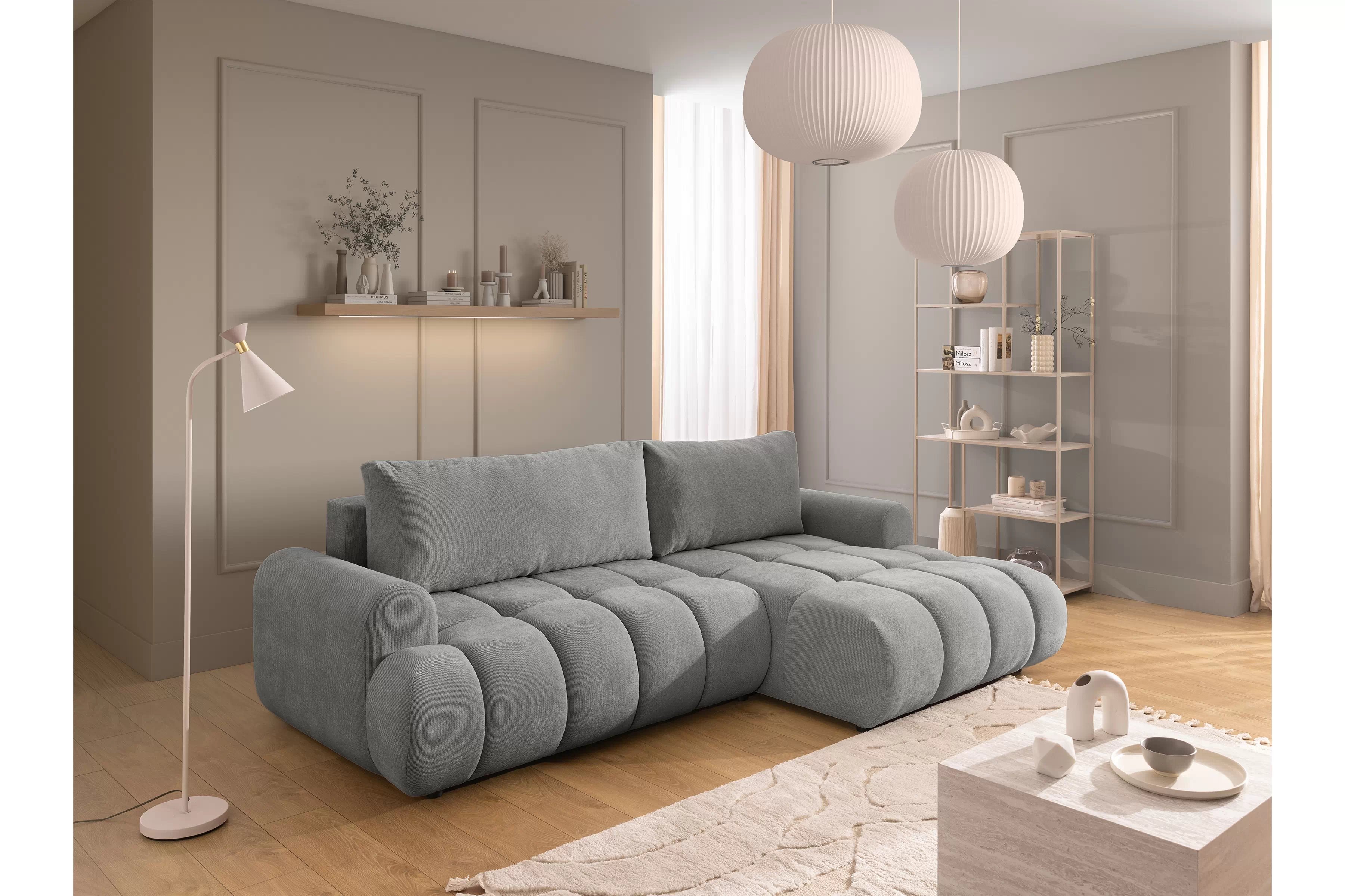 Rozkládací rohová sedací souprava Lutario Mini pravá - šedá Venice 2023 Rohová sedací souprava Lutario Mini rozkládací pravá - šedá plecionka hydrofobowa Venice 2023