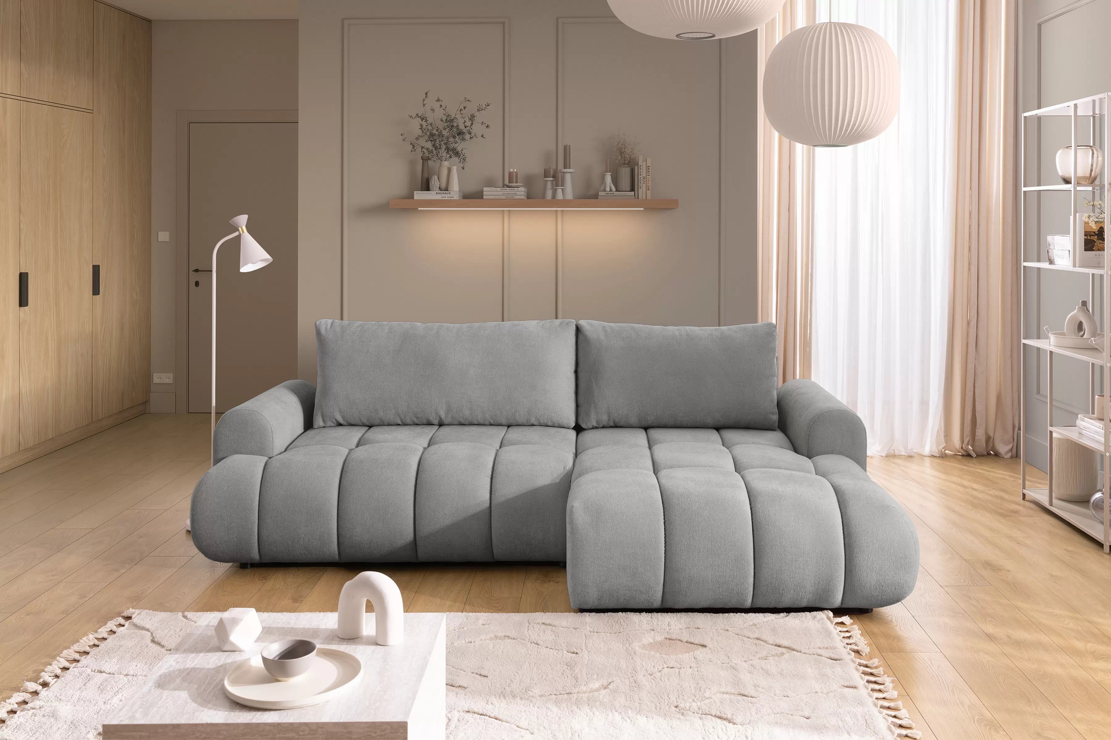 Rozkládací rohová sedací souprava Lutario Mini pravá - šedá Venice 2023 Rohová sedací souprava Lutario Mini rozkládací pravá - šedá plecionka hydrofobowa Venice 2023