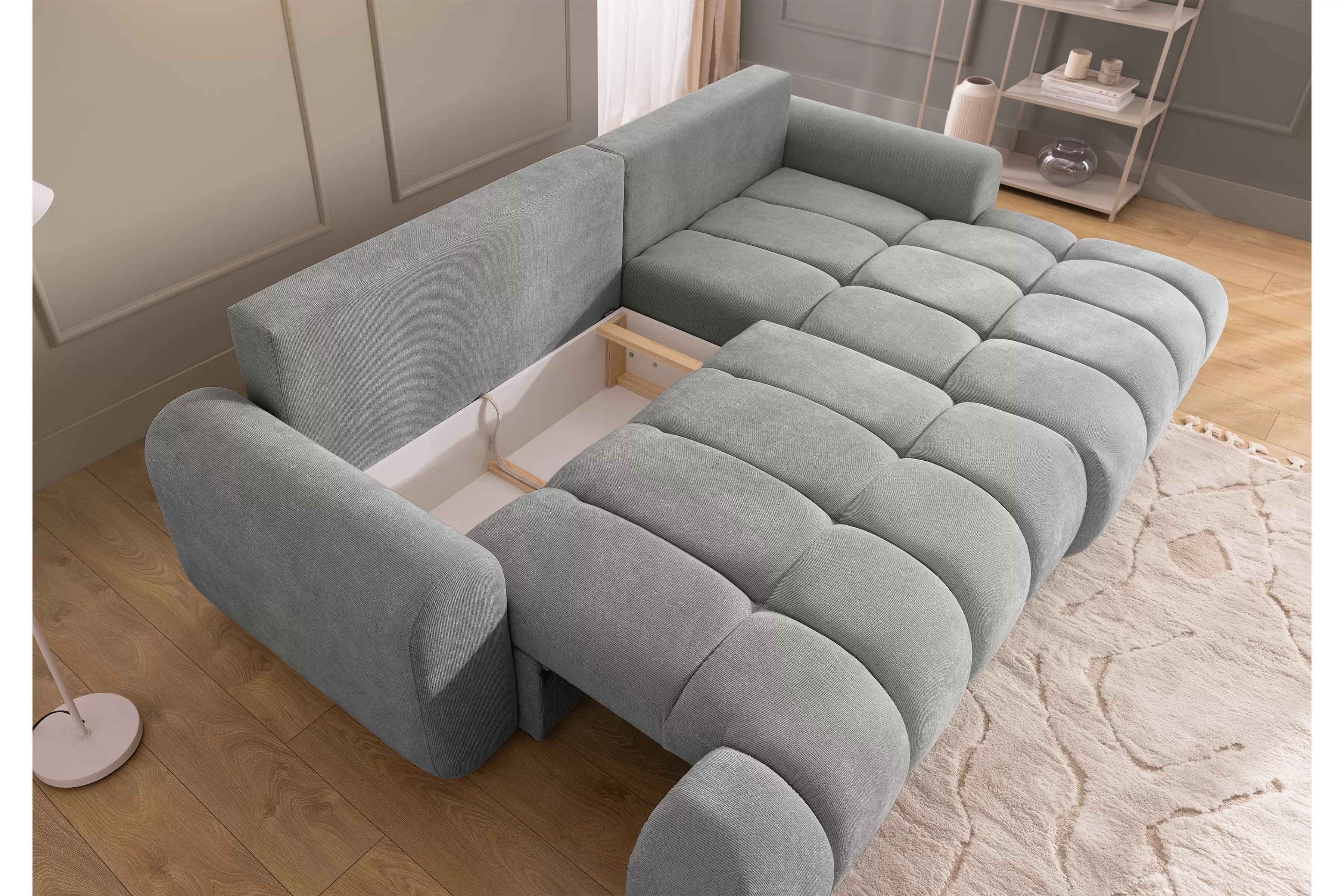 Rozkládací rohová sedací souprava Lutario Mini pravá - šedá Venice 2023 Rohová sedací souprava Lutario Mini rozkládací pravá - šedá plecionka hydrofobowa Venice 2023