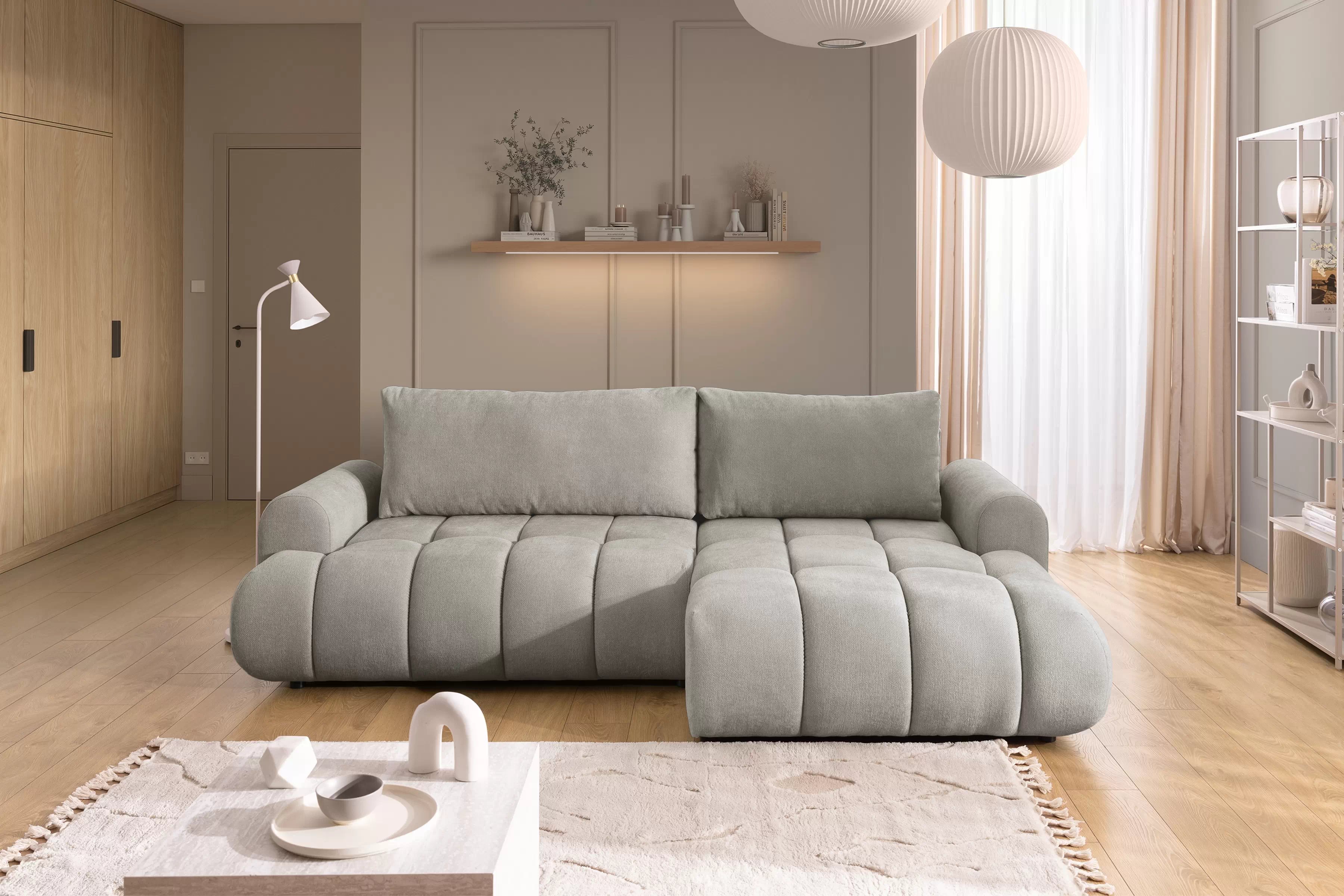 Rohová sedačka Lutario Mini s rozkladem pravá - šedá látka Nazar 225.03 Rohová sedací souprava Lutario Mini rozkládací pravá - šedá potahová látka Nazar 225.03