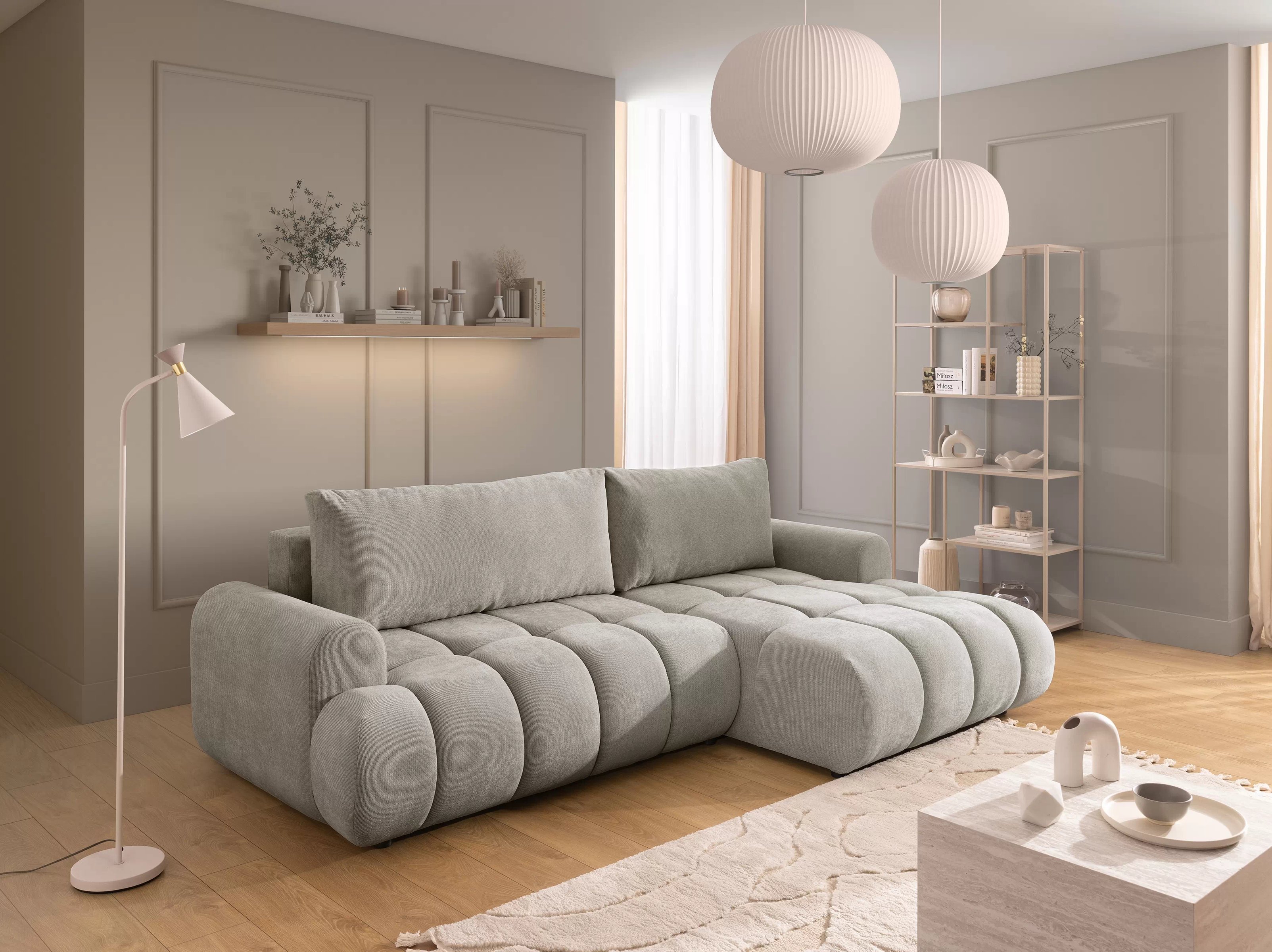 Rohová sedačka Lutario Mini s rozkladem pravá - šedá látka Nazar 225.03 Rohová sedací souprava Lutario Mini rozkládací pravá - šedá potahová látka Nazar 225.03