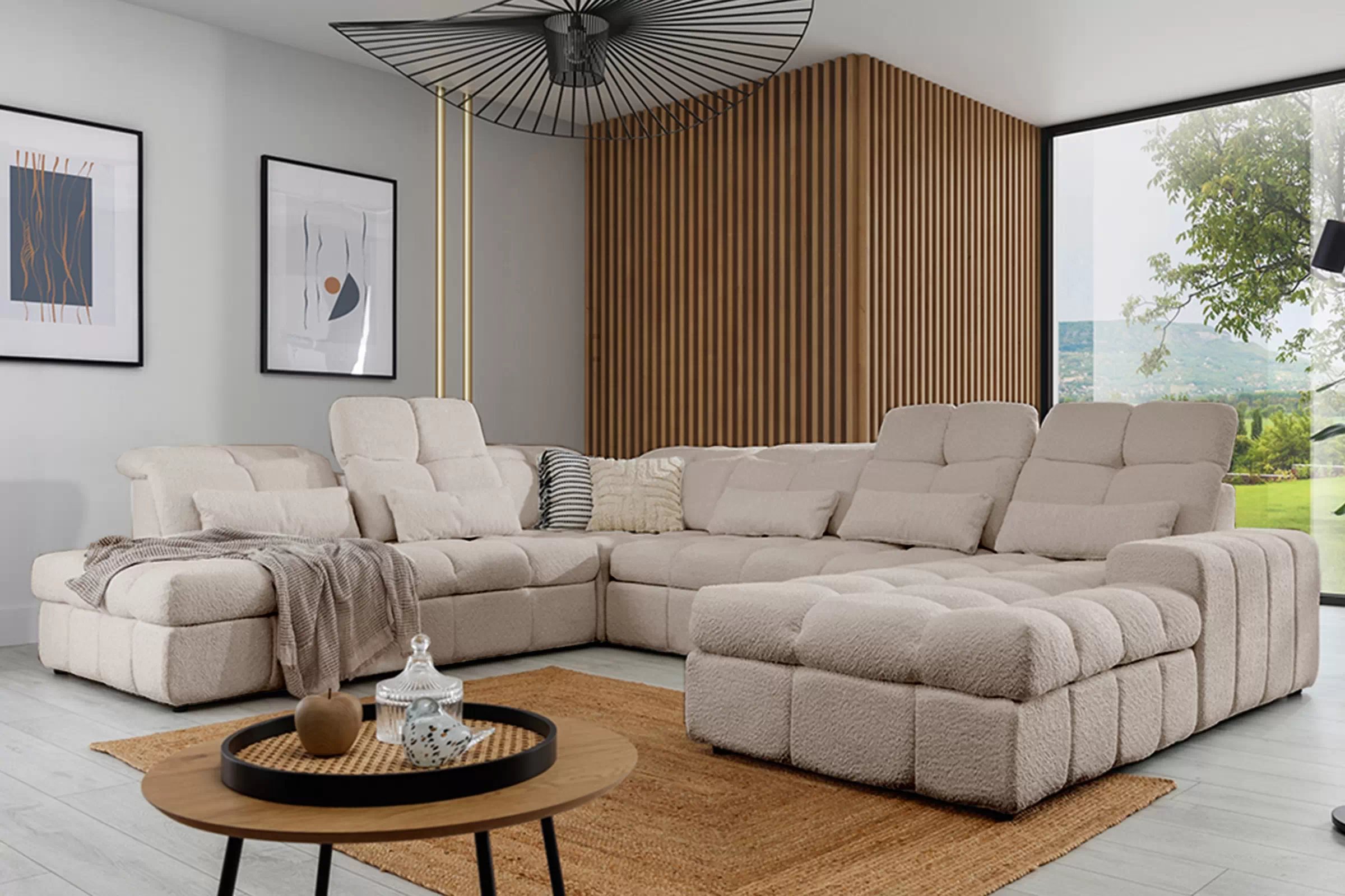 Elektrický rozkládací rohový gauč Magnelio U II levý - béžová bouclé Catch Me 2 Rohová sedací souprava Magnelio U II elektrický rozkládací levá - béžová boucle Catch me 2