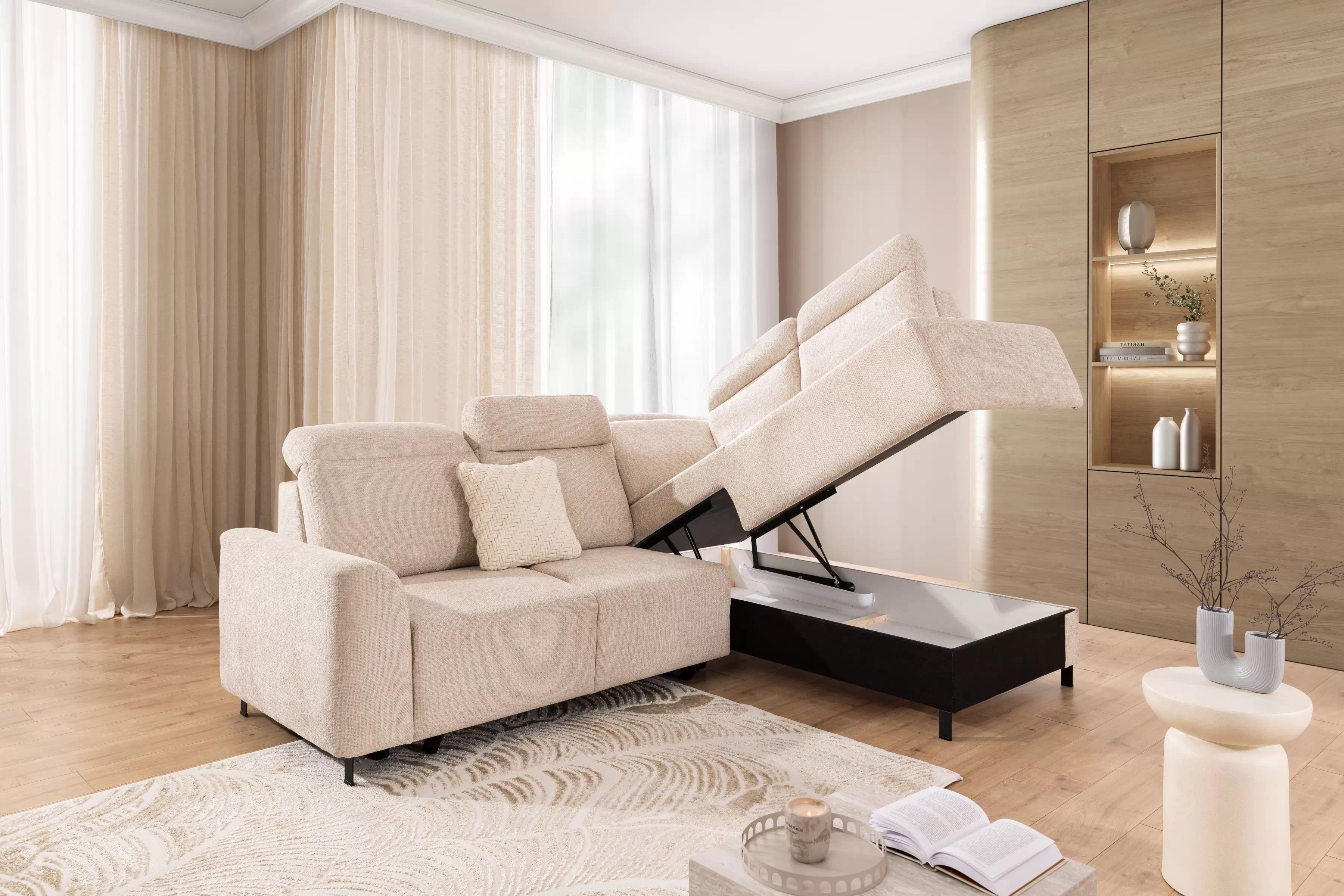 Rohová pohovka Magnis L pravá s funkcí spánku - béžová tkanina Magni 206.03 –konec série Rohová sedací souprava Magnis L rozkládací pravá - béžová plecionka Magni 206.03 - Konec série