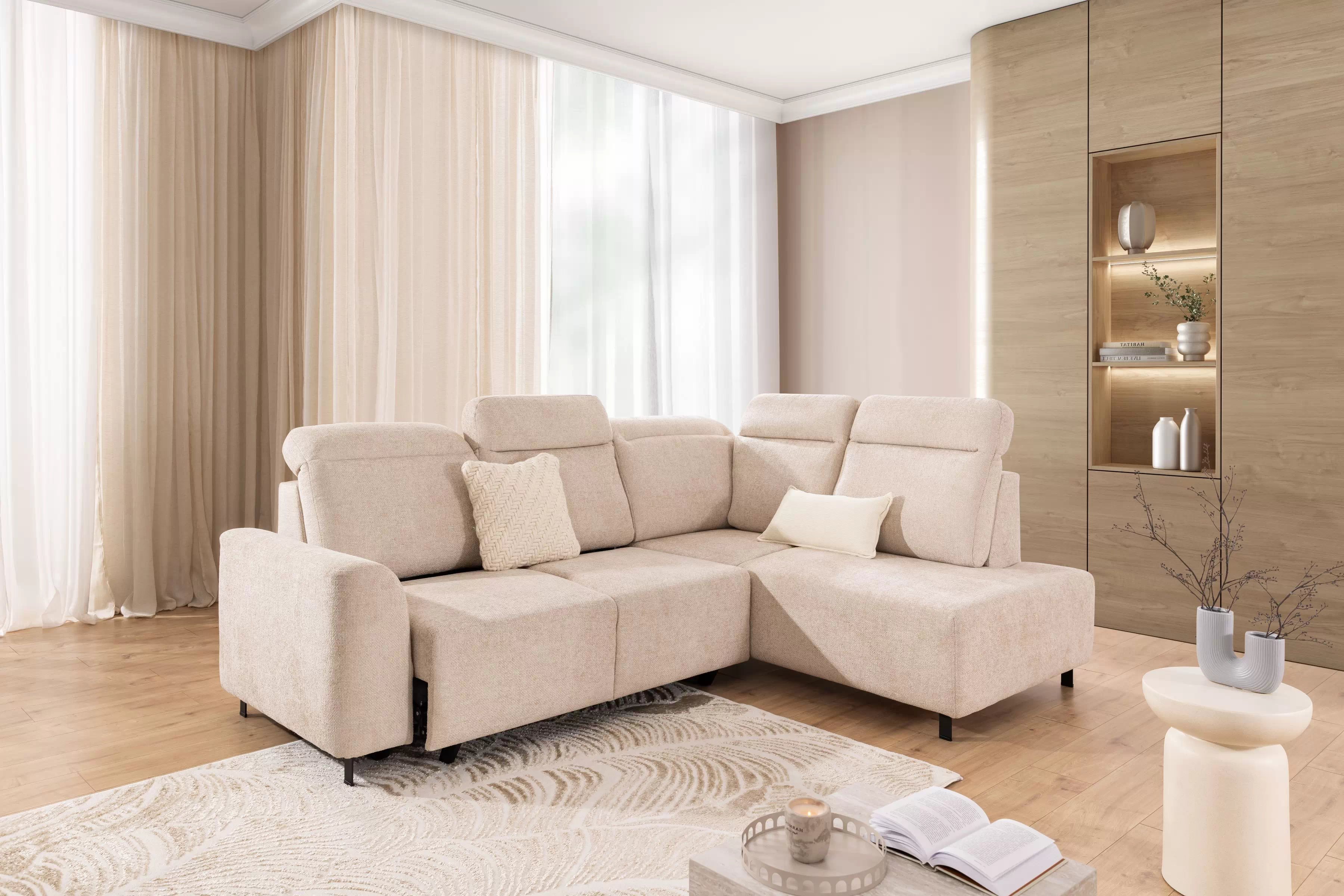 Rohová pohovka Magnis L pravá s funkcí spánku - béžová tkanina Magni 206.03 –konec série Rohová sedací souprava Magnis L rozkládací pravá - béžová plecionka Magni 206.03 - Konec série