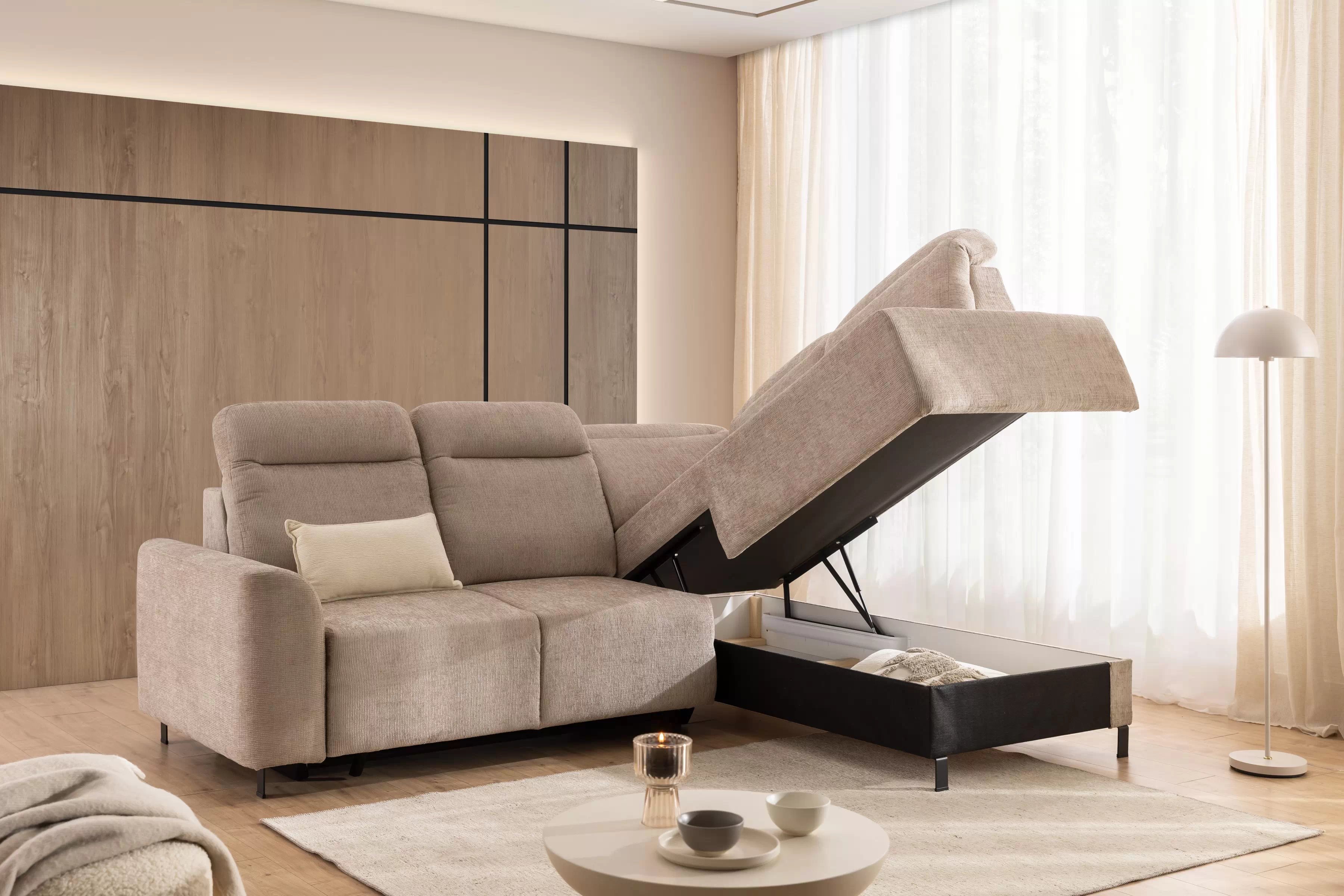 Rohová pohovka Magnis L pravá s funkcí spánku - béžový szenil Sierra 744 Rohová sedací souprava Magnis L rozkládací pravá - béžová šenil Sierra 744