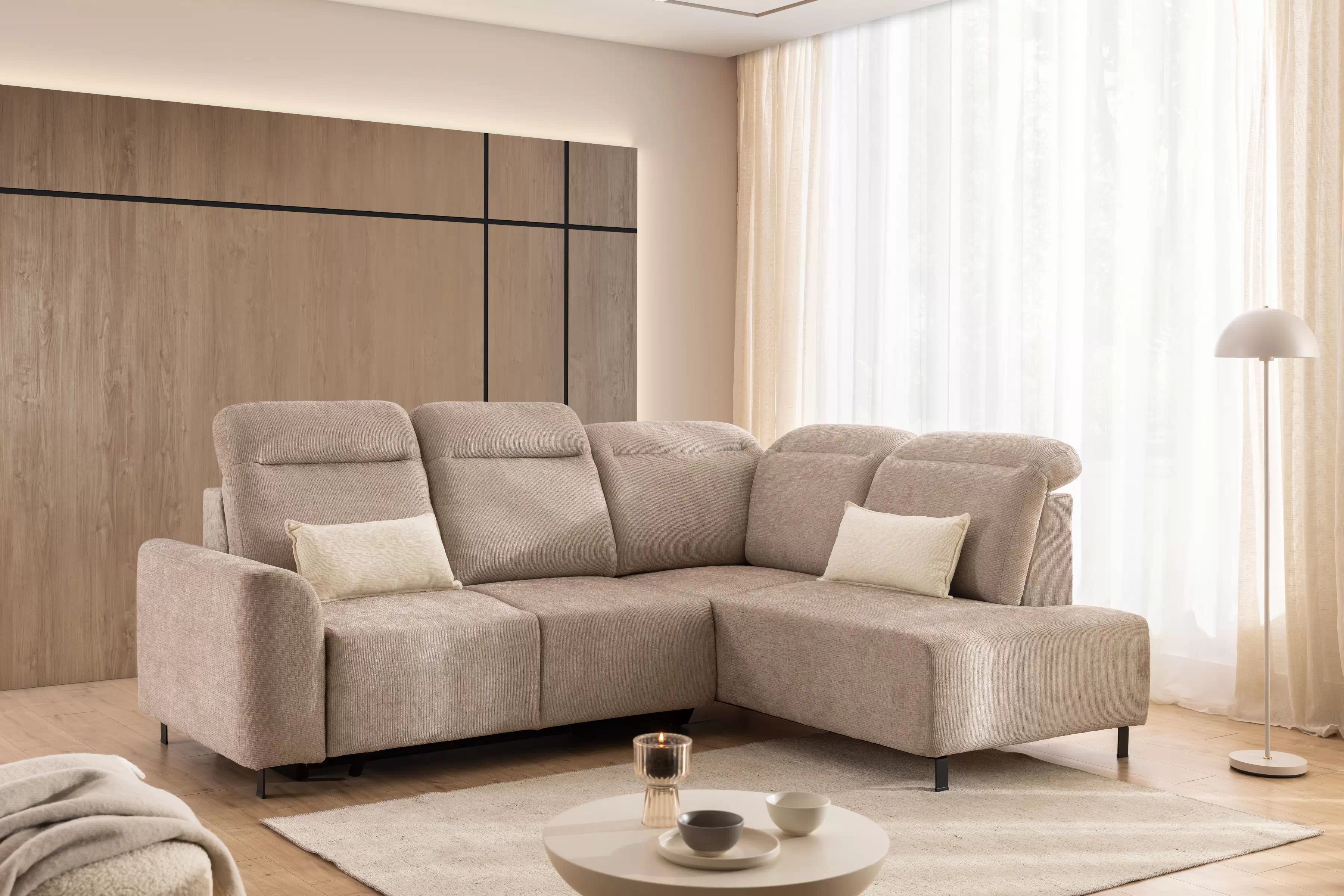 Rohová pohovka Magnis L pravá s funkcí spánku - béžový szenil Sierra 744 Rohová sedací souprava Magnis L rozkládací pravá - béžová šenil Sierra 744