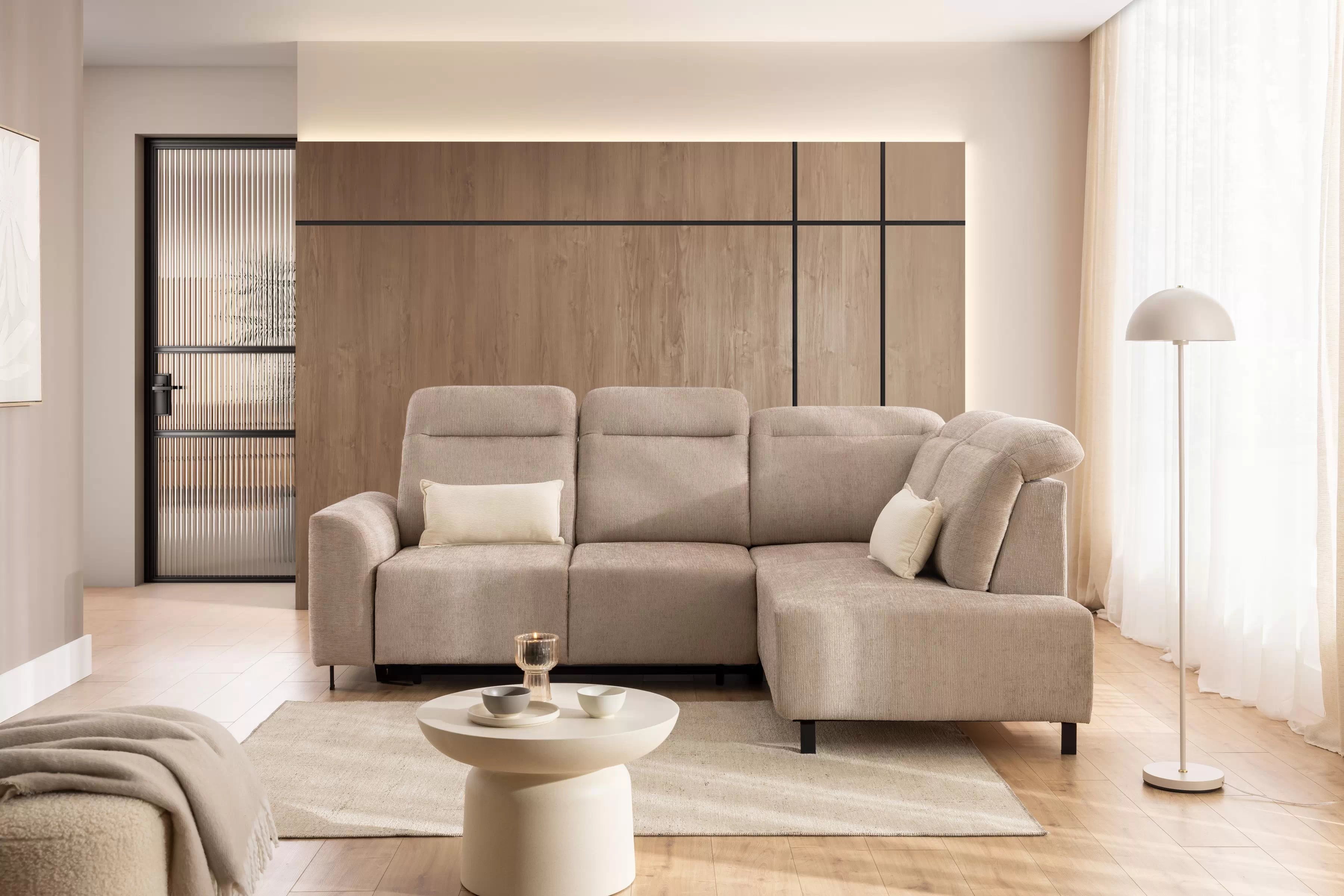 Rohová pohovka Magnis L pravá s funkcí spánku - béžový szenil Sierra 744 Rohová sedací souprava Magnis L rozkládací pravá - béžová šenil Sierra 744