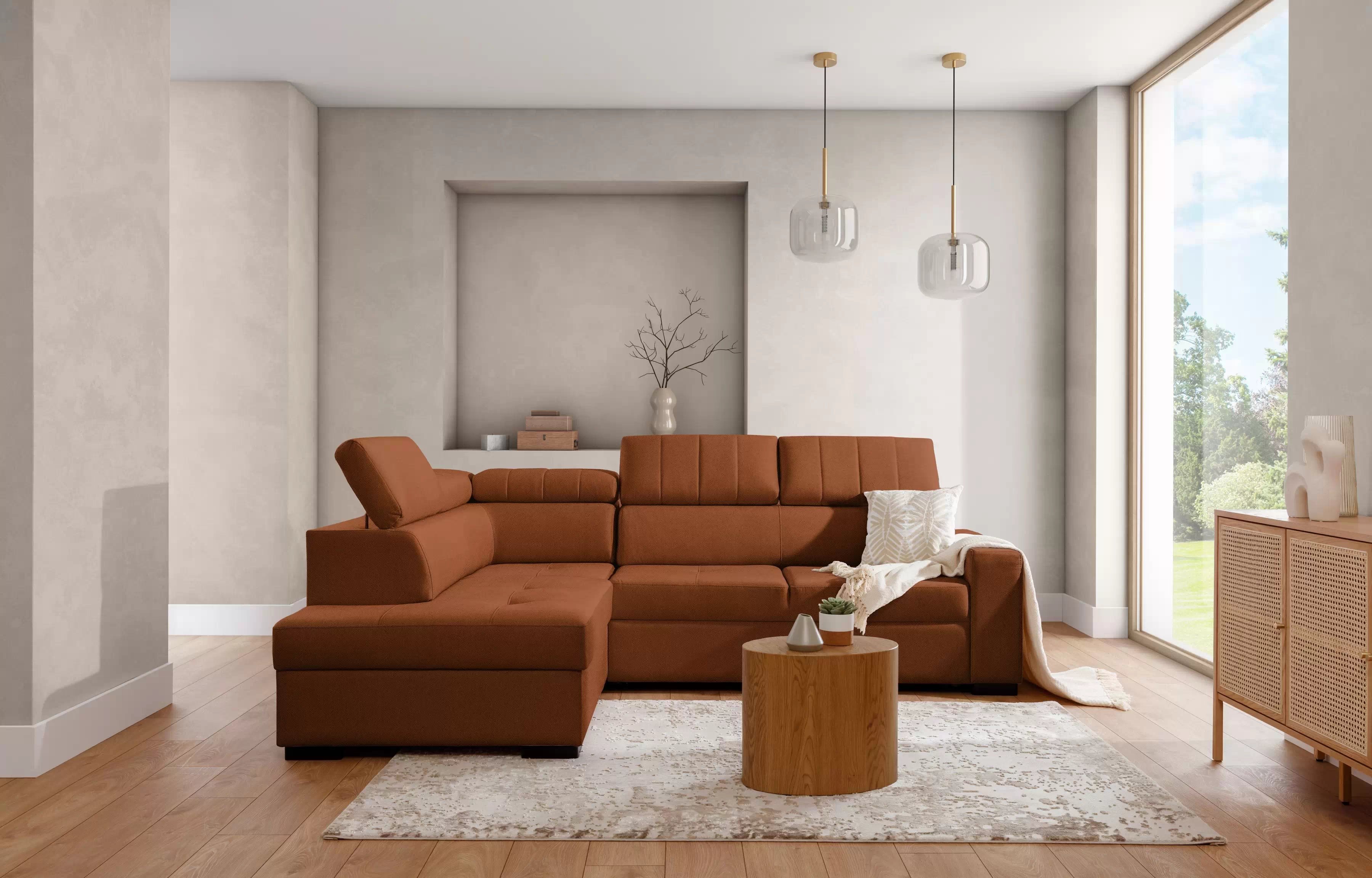 Rohová sedací souprava Modeno L levá s rozkladem - rezavý plyš Pretty 09 Rohová sedací souprava Modeno L rozkládací levá - cihlová plusz Pretty 09