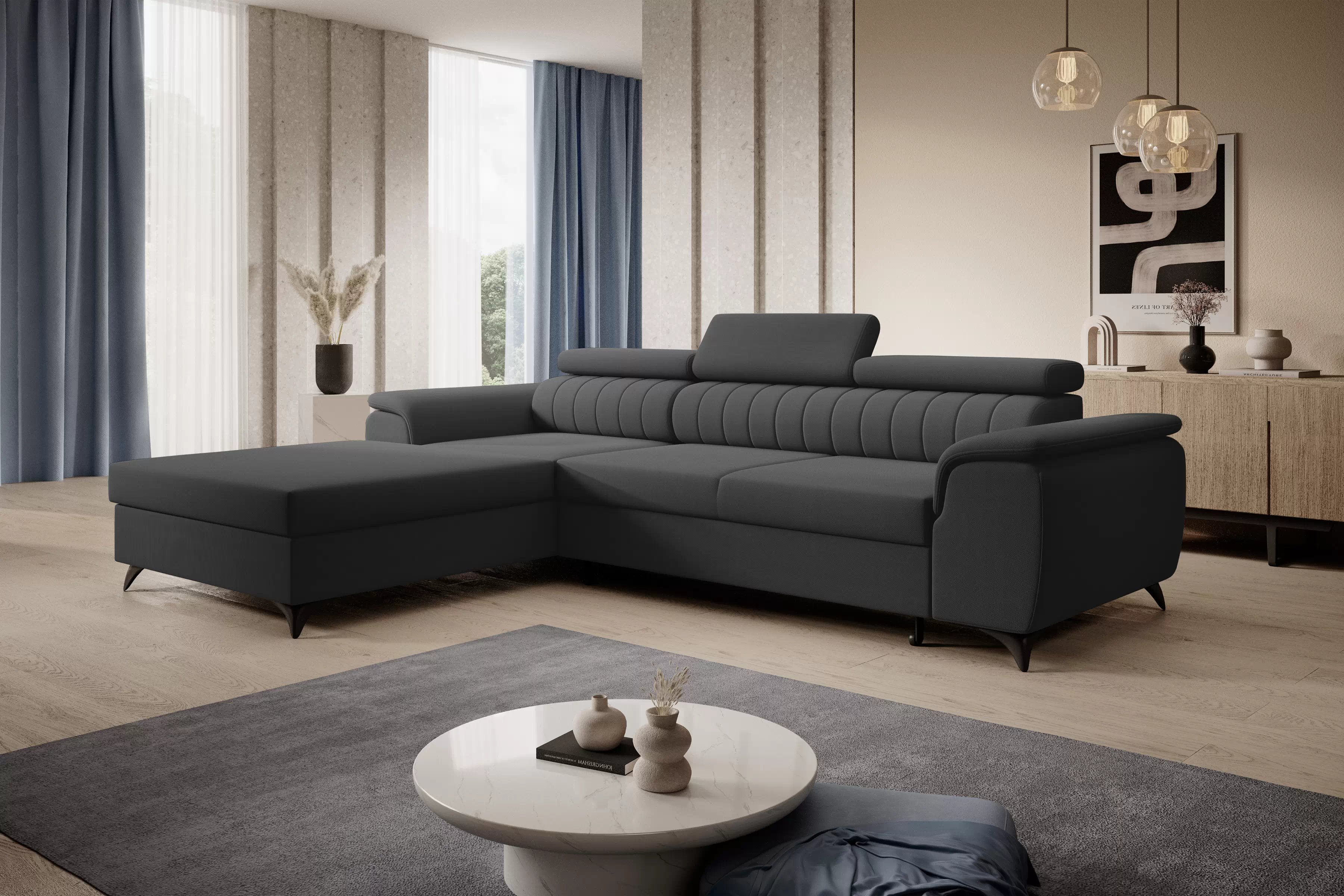 Rozkládací rohová sedací souprava Monrose Mini levá - grafitová Pretty 21 Rohová sedací souprava Monrose L II rozkládací levá - grafitová plusz Pretty 21 