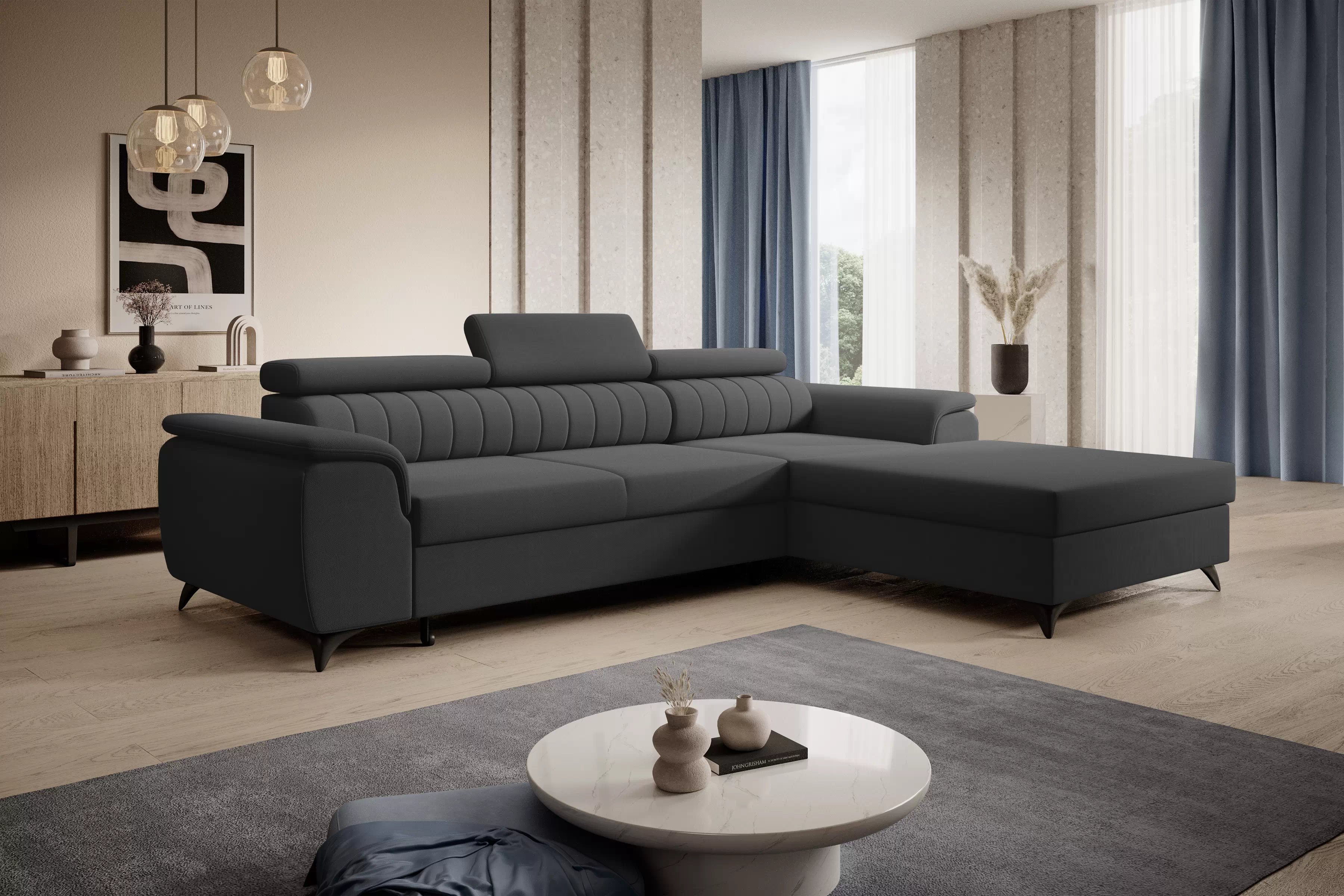 Rozkládací rohová sedací souprava Monrose Mini pravá - grafitová Pretty 21 Rohová sedací souprava Monrose L II rozkládací pravá - grafitová plusz Pretty 21