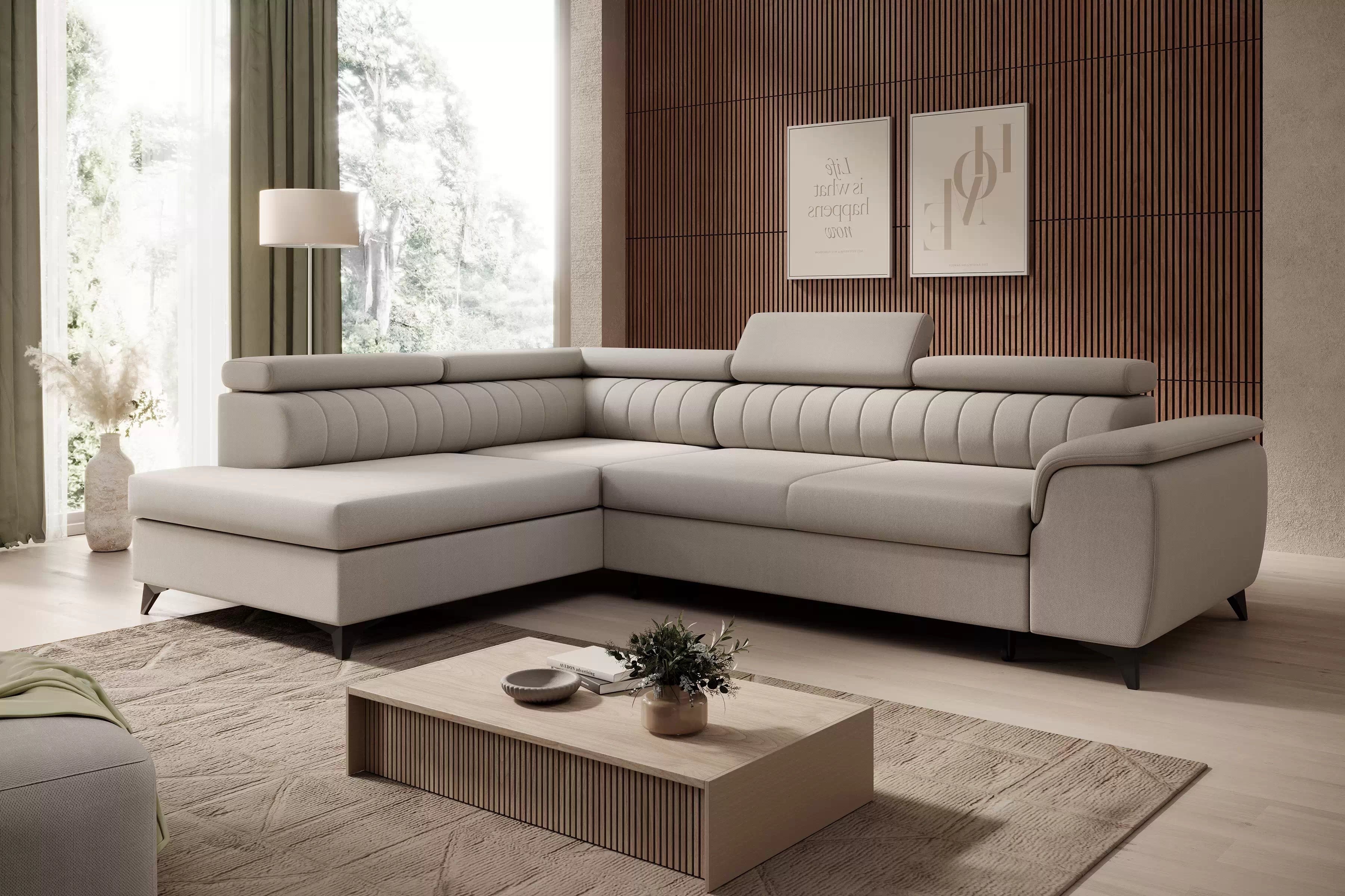 Rohová pohovka Monrose L levá s funkcí spánku - béžový welvet Zetta 291 Rohová sedací souprava Monrose L rozkládací levá - béžová welwet latwoczyszczacy Zetta 291