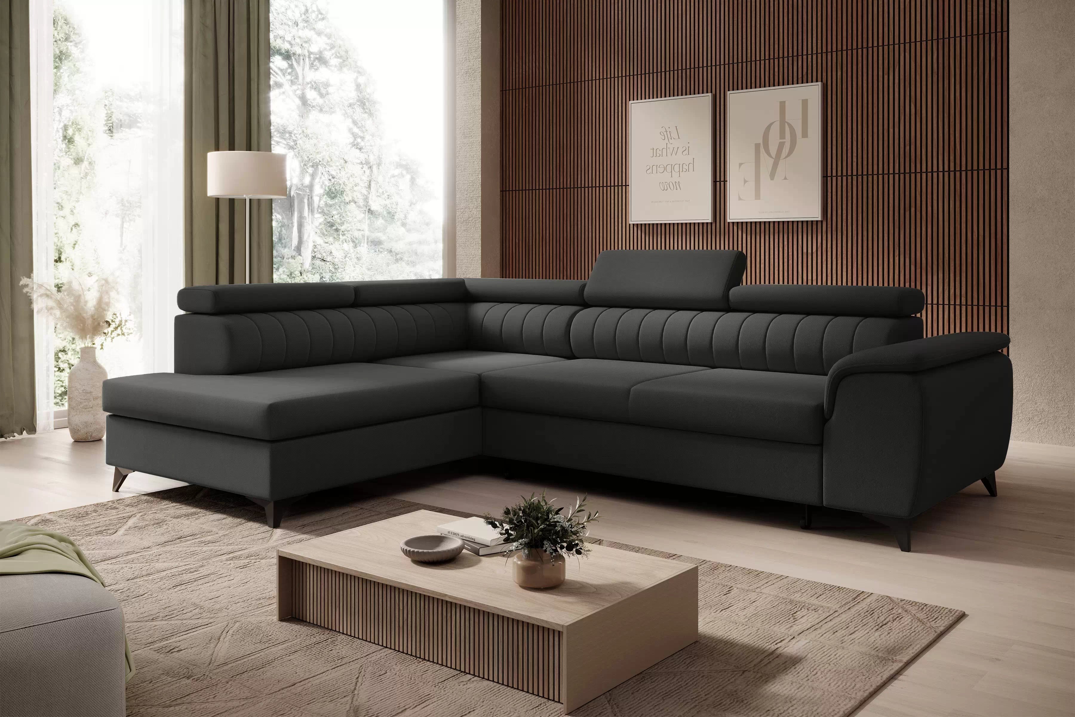 Rohová pohovka Monrose L levá s funkcí spánku - tmavě šedý welvet Zetta 305 Rohová sedací souprava Monrose L rozkládací levá - tmavě šedá welwet latwoczyszczacy Zetta 305 