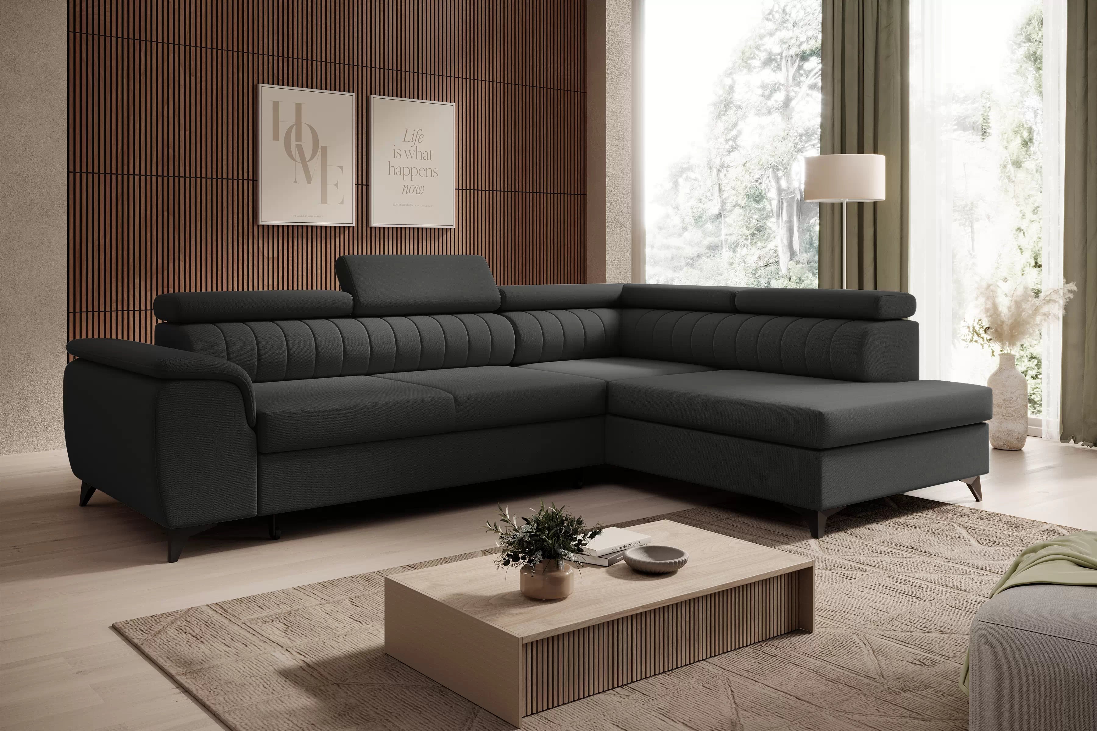 Rohová pohovka Monrose L pravá s funkcí spánku - tmavě šedý welvet Zetta 305 Rohová sedací souprava Monrose L rozkládací pravá - tmavě šedá welwet latwoczyszczacy Zetta 305