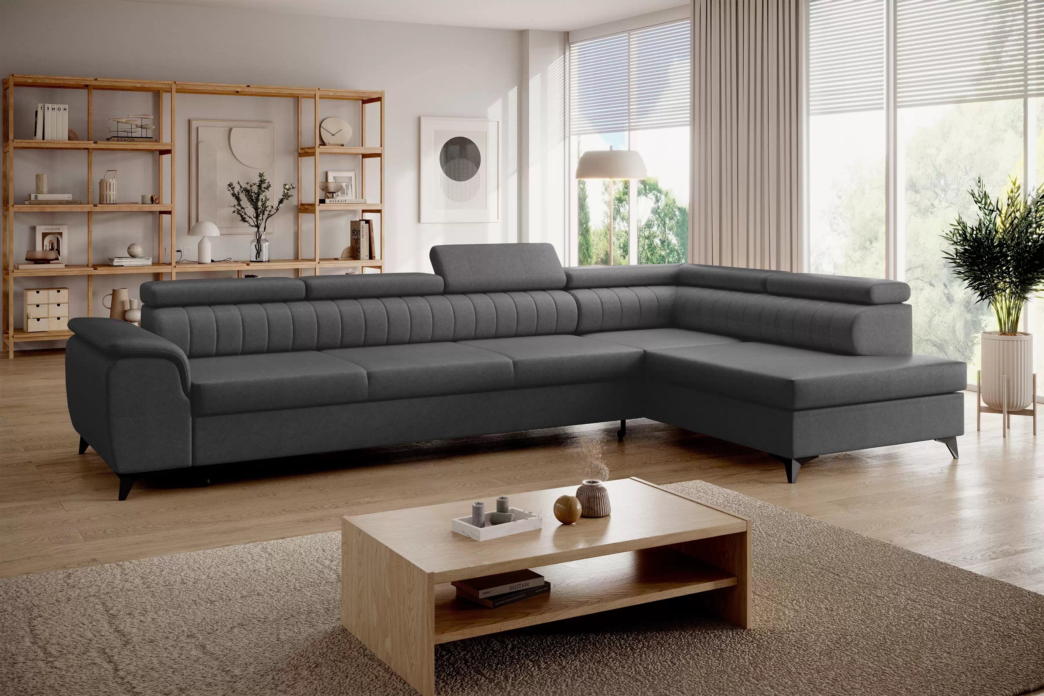 Rohová pohovka Monrose Maxi pravá s funkcí spánku - šedá tkanina Ado 1617 Rohová sedací souprava Monrose Maxi rozkládací pravá - šedá plecionka Ado 1617