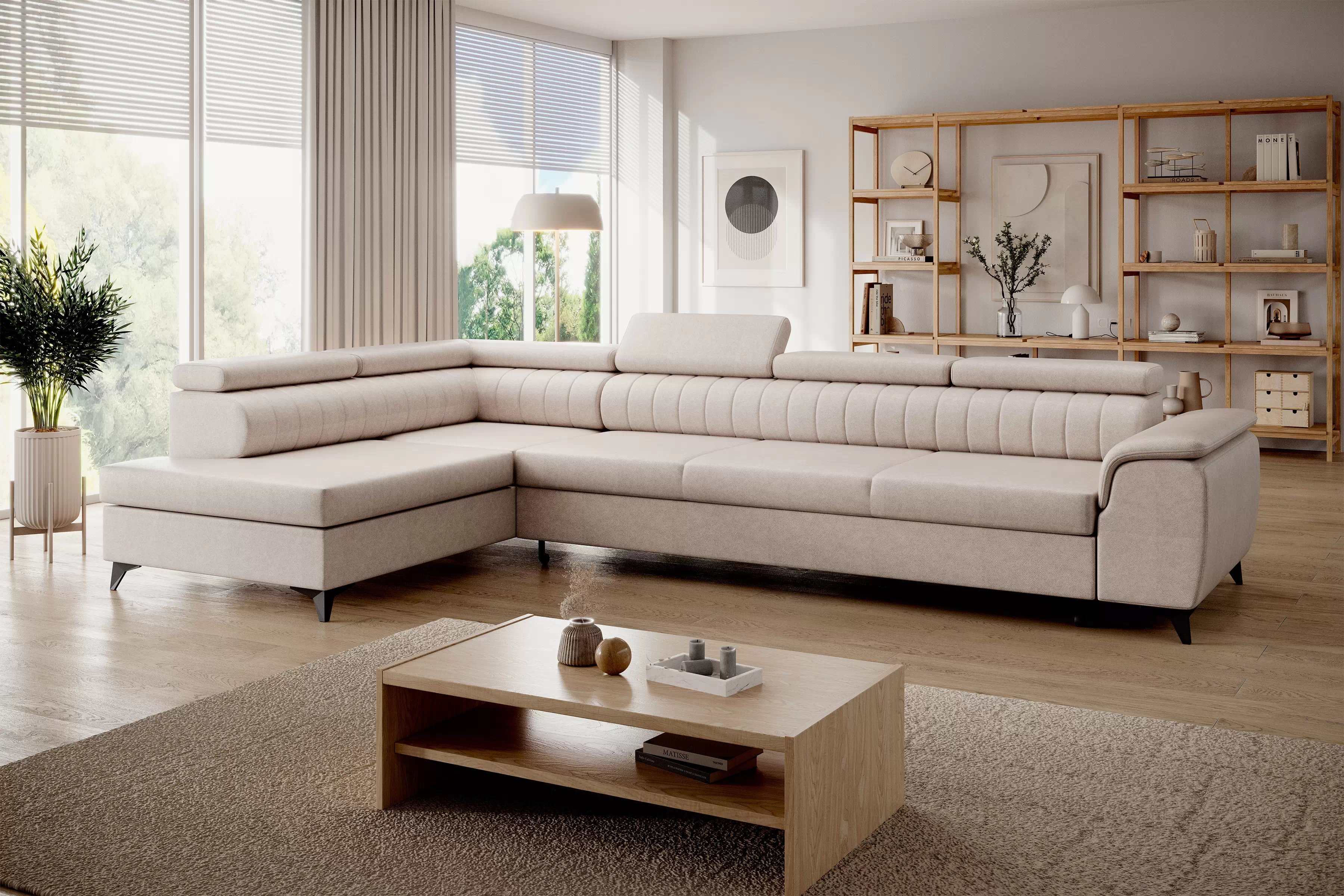 Rohová pohovka Monrose Maxi levá s funkcí spánku - krémová tkanina Ado 1601 Rohová sedací souprava Monrose Maxi rozkládací levá - kremowa plecionka Ado 1601 Halva 