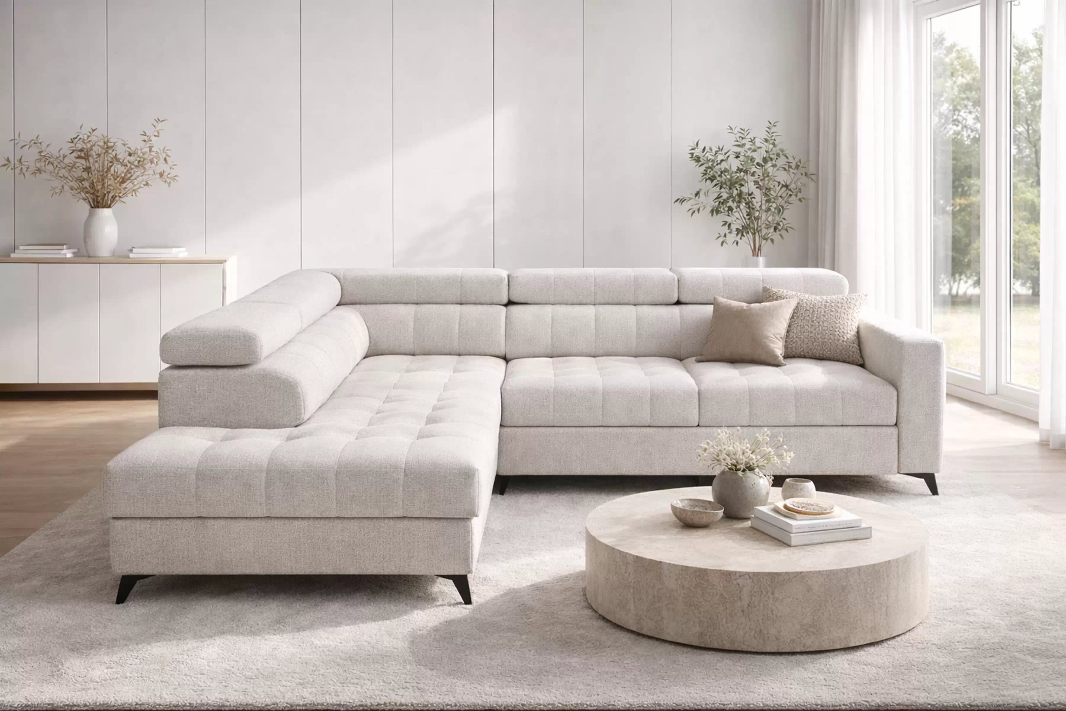 Rozkladacia rohová sedacia súprava Nardo L ľavá - béžová ľahkočistiaca žinylka Taro 04 Rohová sedacia súprava Nardo L s funkciou spánku Ľavá strana - béžový šenil ľahkočistiaci Taro 04