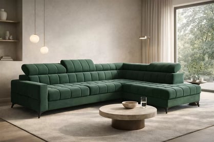 Rozkladacia rohová sedacia súprava Nardo L pravá - zelený zamat Bluvel 78 Rohová sedacia súprava Nardo L s funkciou spánku pravá strana - Zelený velúr Bluvel 78