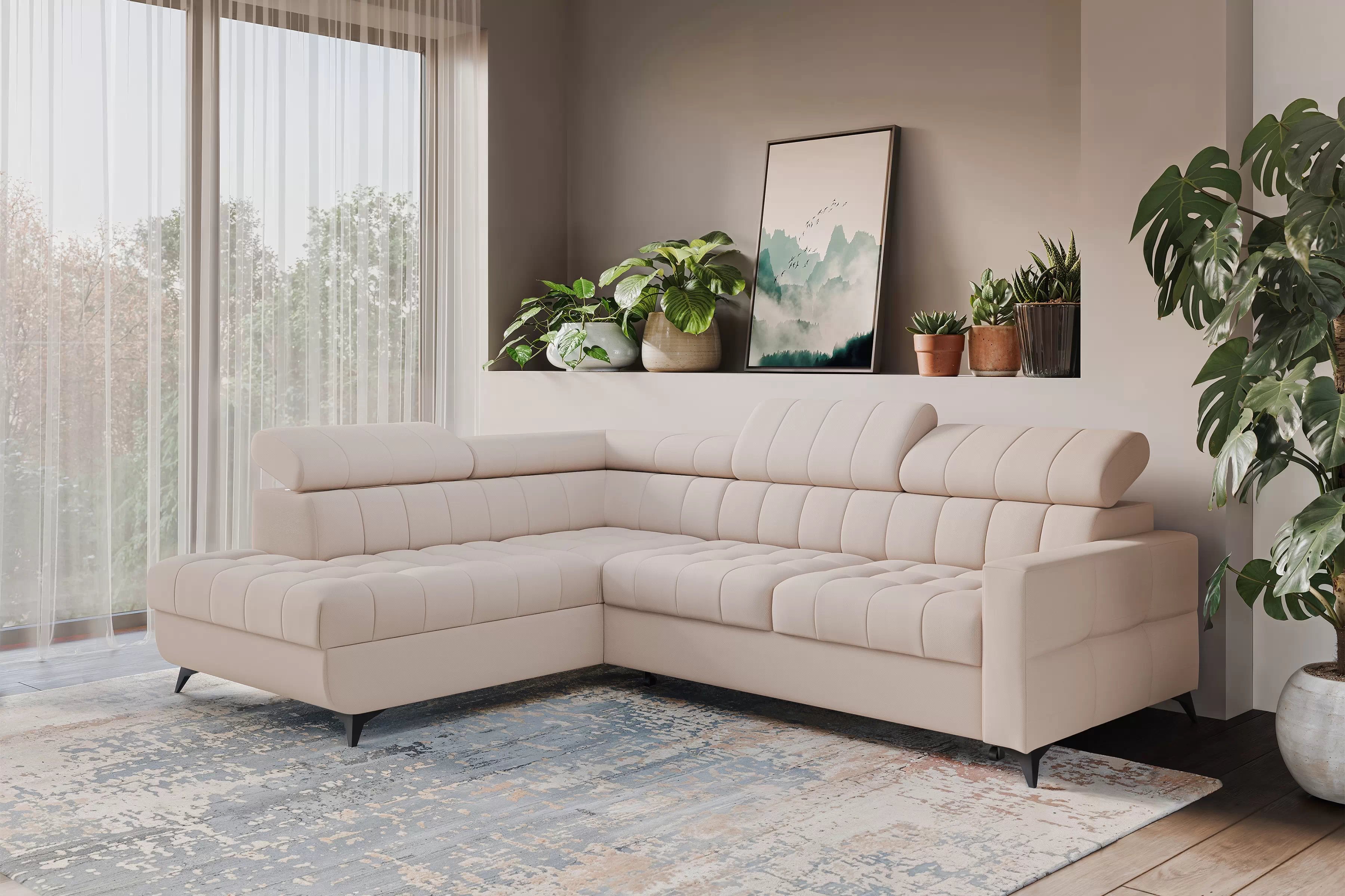 Rohová pohovka Nardo L s rozkladem levostranná - béžový plyš Pretty 03 Rohová sedací souprava Nardo L rozkládací levá - béžová plusz Pretty 03 