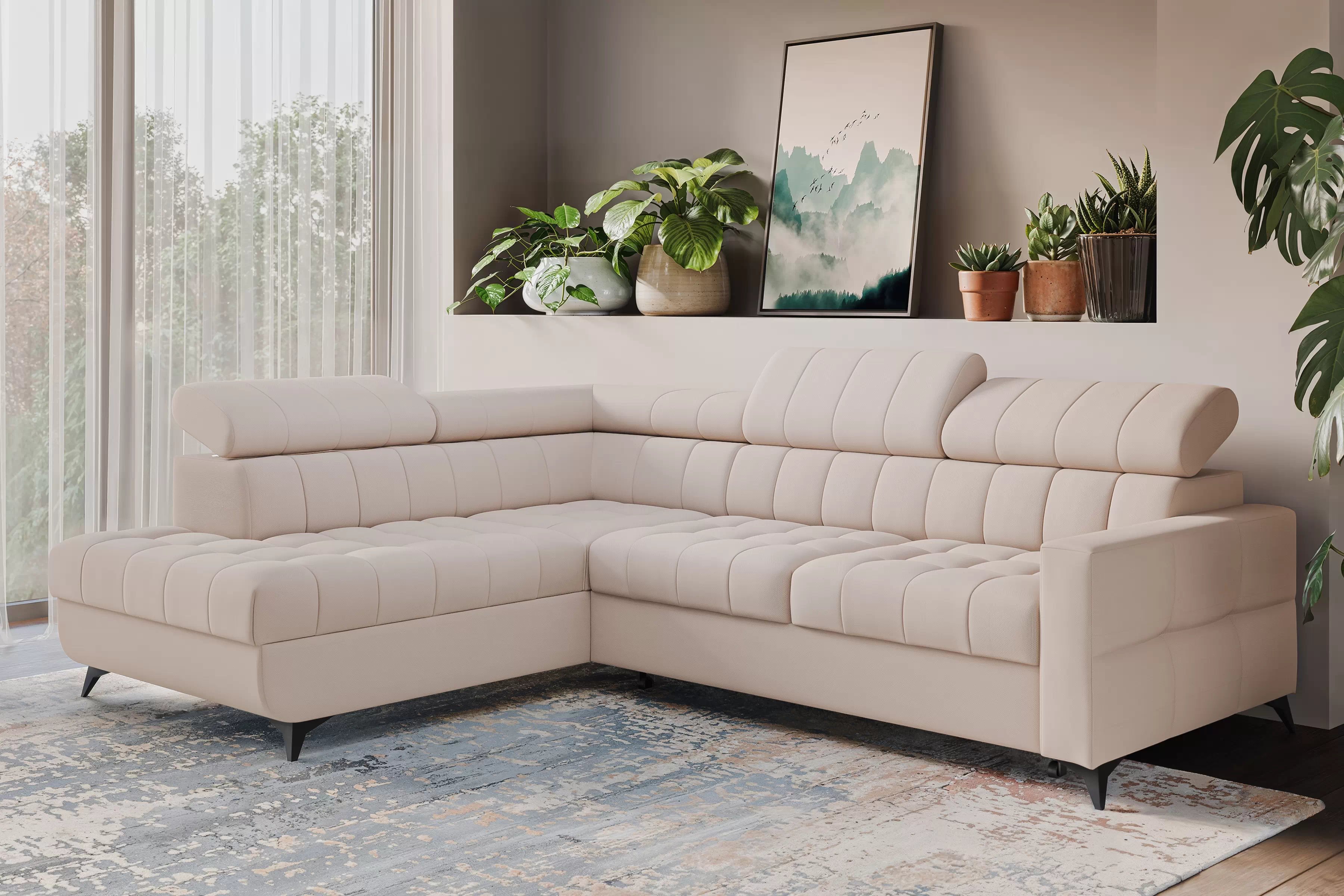 Rohová pohovka Nardo L s rozkladem levostranná - béžový plyš Pretty 03 Rohová sedací souprava Nardo L rozkládací levá - béžová plusz Pretty 03 