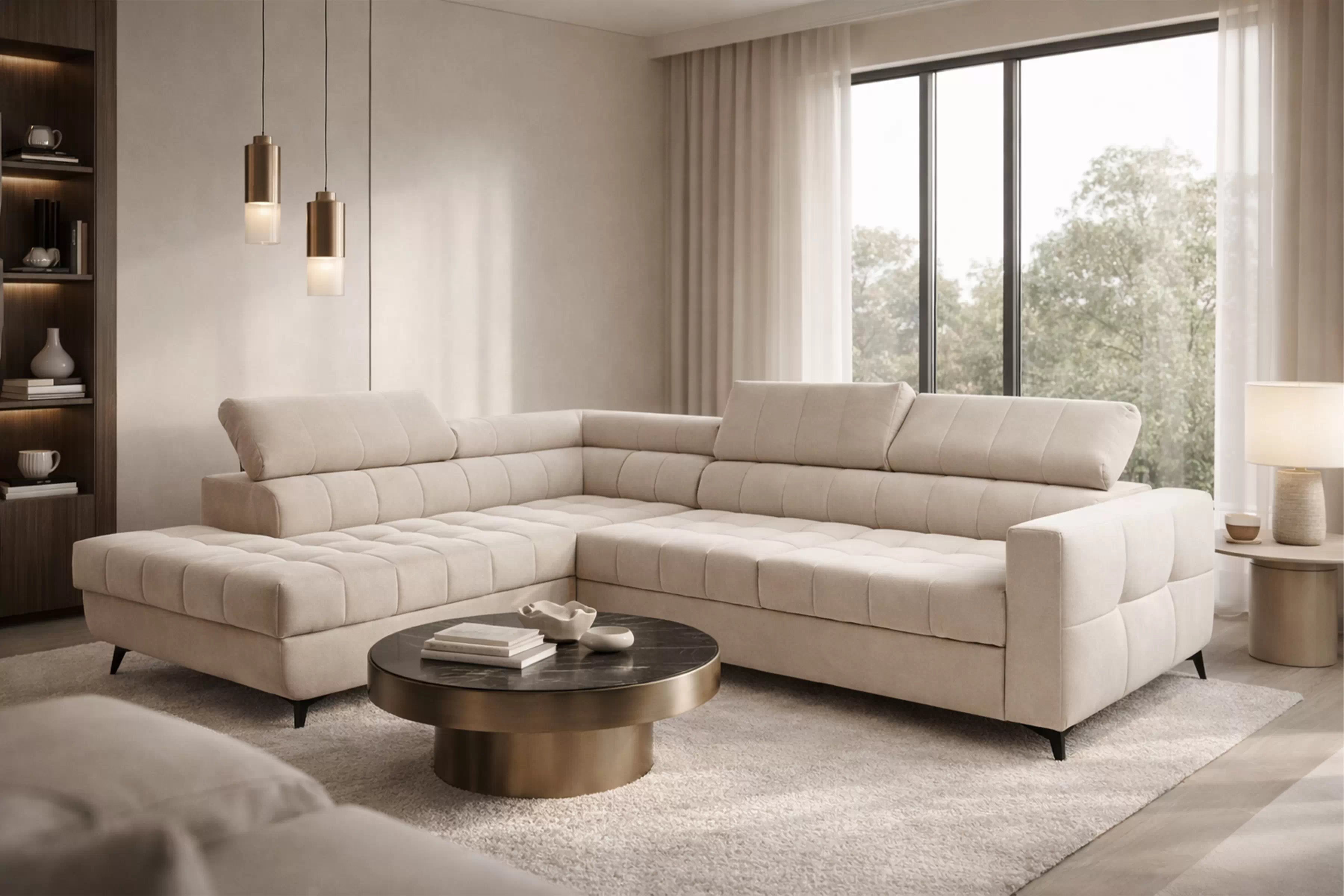 Rohová sedačka Nardo L s rozkladom ľavostranná - béžový plyš Pretty 03 Rohová sedacia súprava Nardo L s funkciou spánku Ľavá strana - béžový plusz Pretty 03