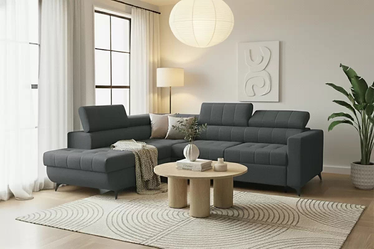 Rohová sedačka Nardo L s rozkladom ľavostranná - tmavosivý plyš Pretty 18 Rohová sedacia súprava Nardo L s funkciou spánku Ľavá strana - Tmavý šedý plusz Pretty 18