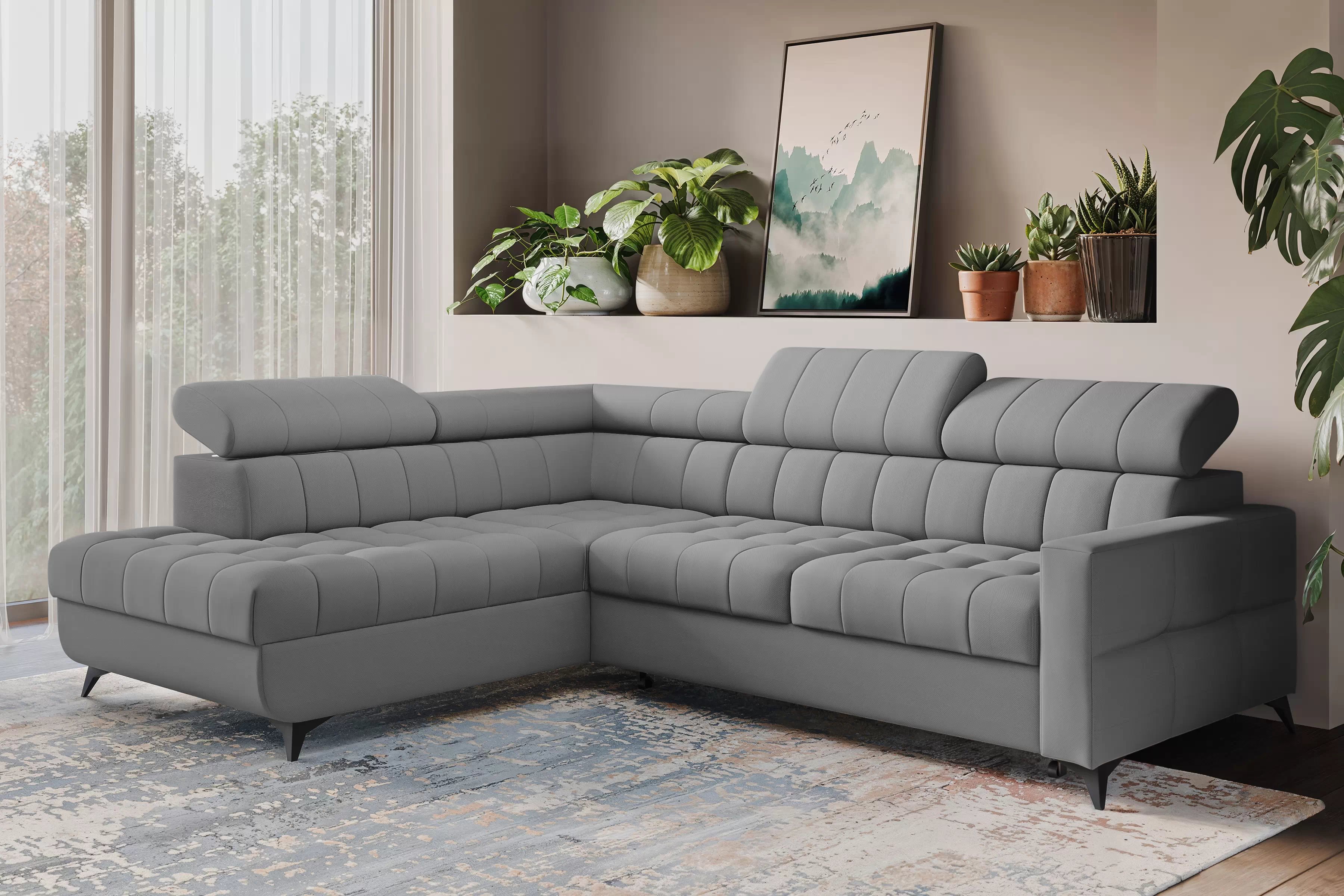 Rozkladacia rohová sedacia súprava Nardo L ľavá - sivý plyš Pretty 17 Rohová sedacia súprava Nardo L s funkciou spánku Ľavá strana - šedý plusz Pretty 17 