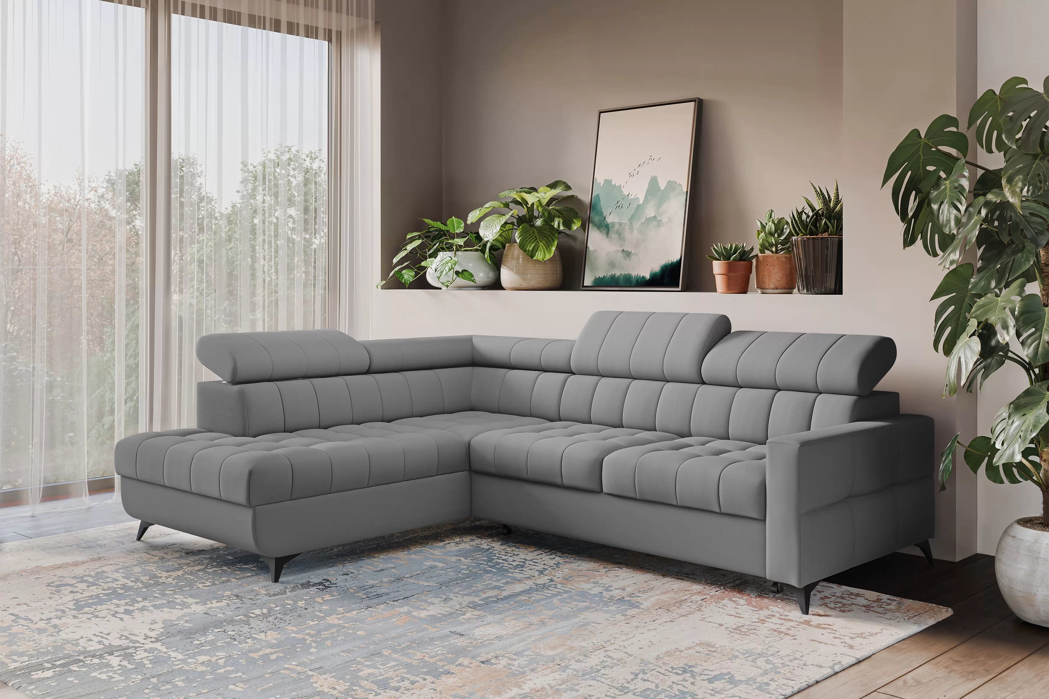 Rozkladacia rohová sedacia súprava Nardo L ľavá - sivý plyš Pretty 17 Rohová sedacia súprava Nardo L s funkciou spánku Ľavá strana - šedý plusz Pretty 17 