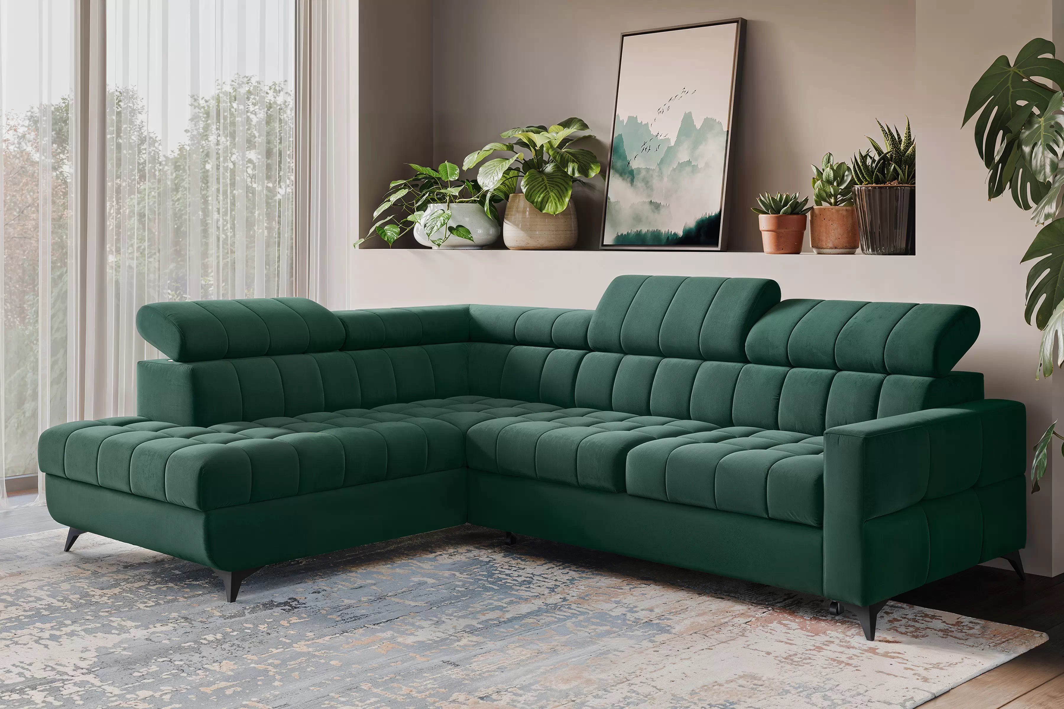 Rohová pohovka Nardo L s rozkladem levostranná - zelený samet Bluvel 78 Rohová sedací souprava Nardo L rozkládací levá - zelená samet Bluvel 78 