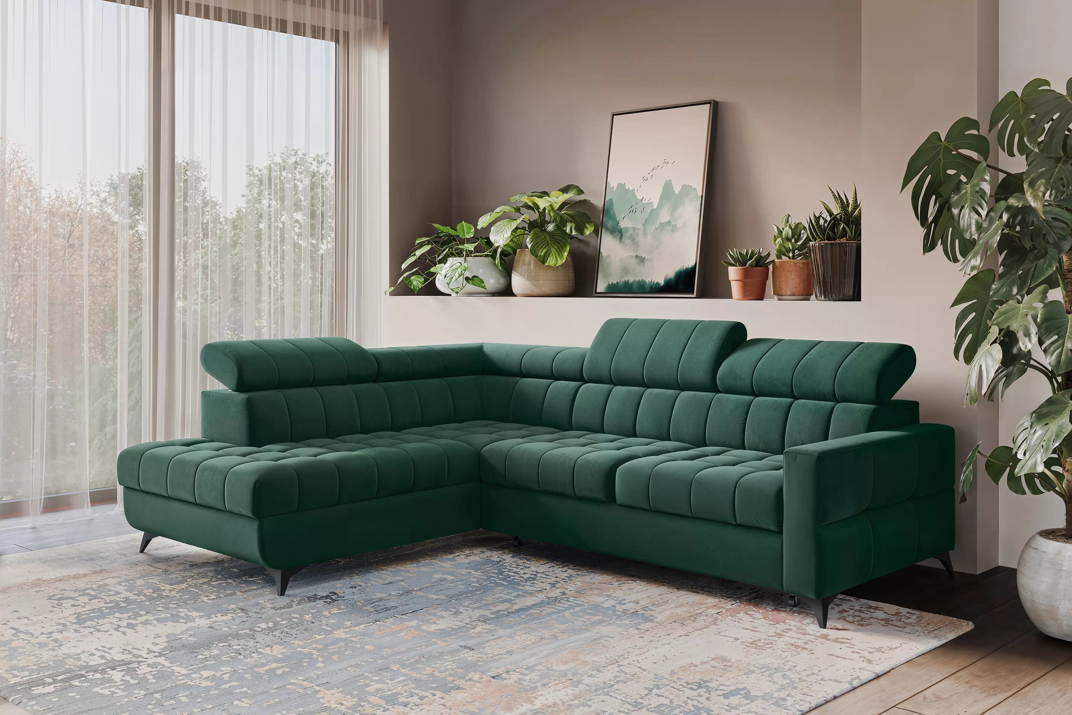 Rohová pohovka Nardo L s rozkladem levostranná - zelený samet Bluvel 78 Rohová sedací souprava Nardo L rozkládací levá - zelená samet Bluvel 78 