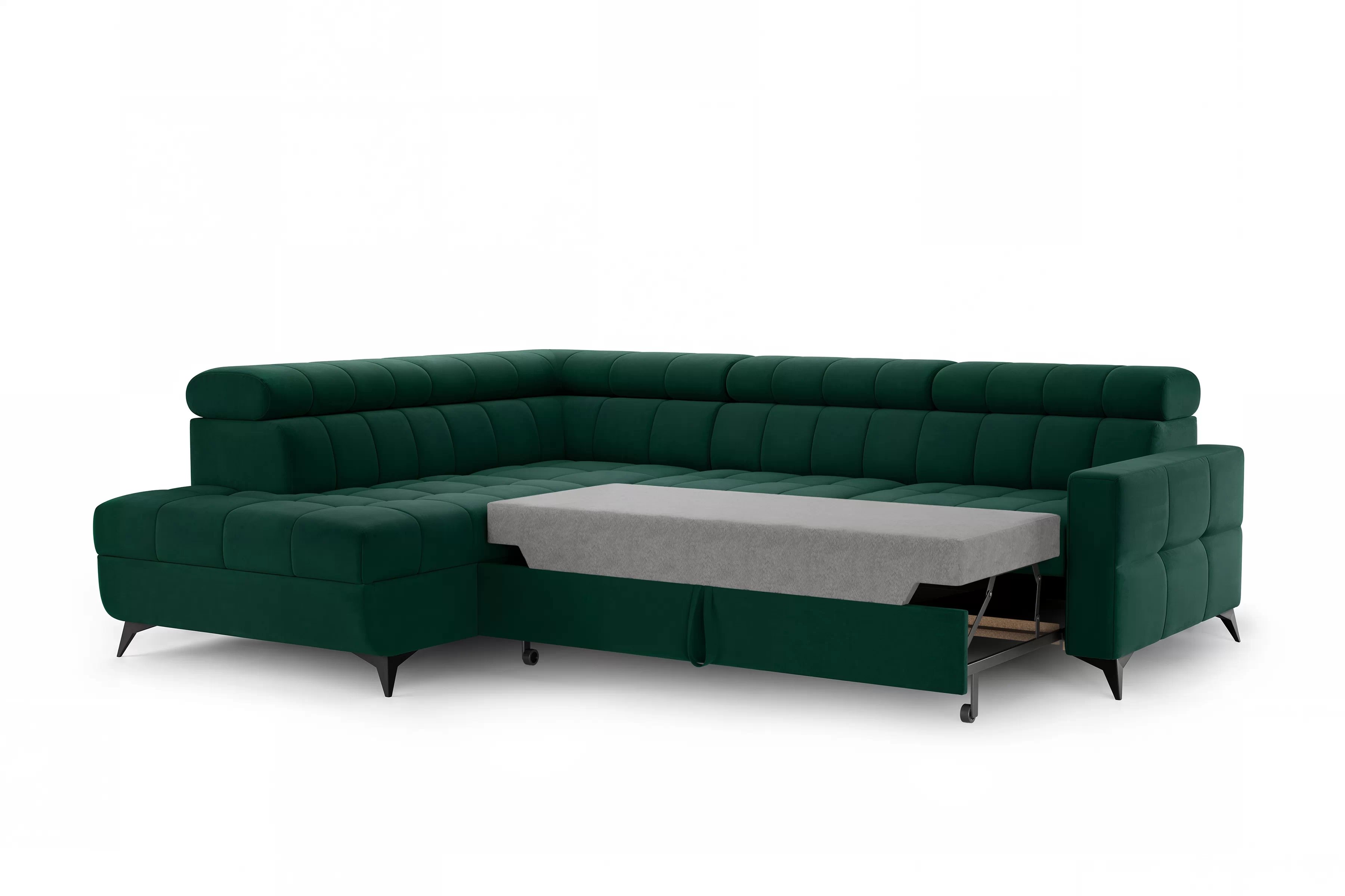 Rohová pohovka Nardo L s rozkladem levostranná - zelený samet Bluvel 78 Rohová sedací souprava Nardo L rozkládací levá - zelená samet Bluvel 78 