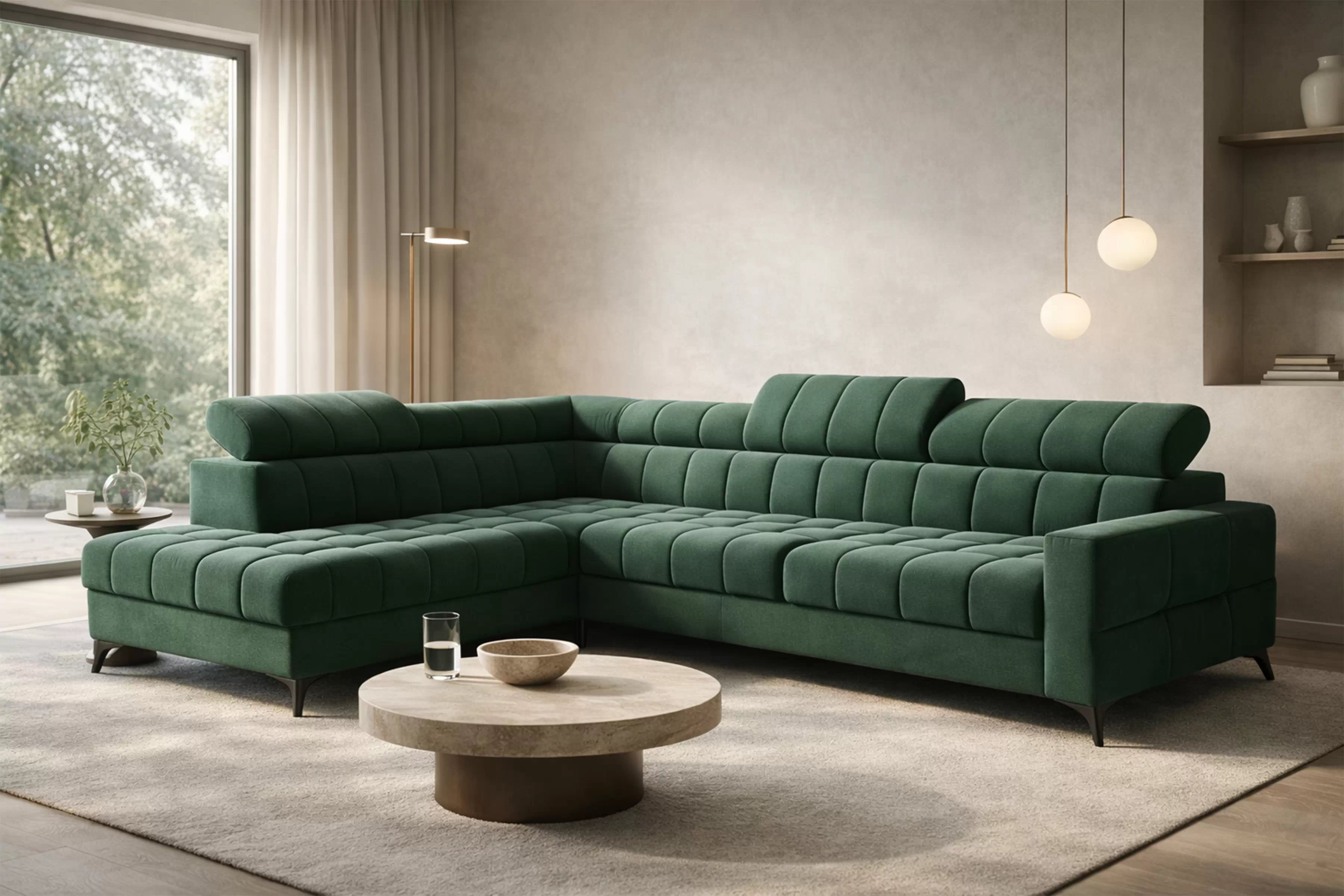 Rohová sedačka Nardo L s rozkladom ľavostranná - zelený zamat Bluvel 78 Rohová sedacia súprava Nardo L s funkciou spánku Ľavá strana - Zelený velúr Bluvel 78