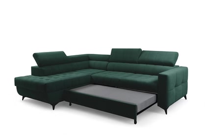 Rohová sedačka Nardo L s rozkladom ľavostranná - zelený zamat Bluvel 78 Rohová sedacia súprava Nardo L s funkciou spánku Ľavá strana - Zelený velúr Bluvel 78