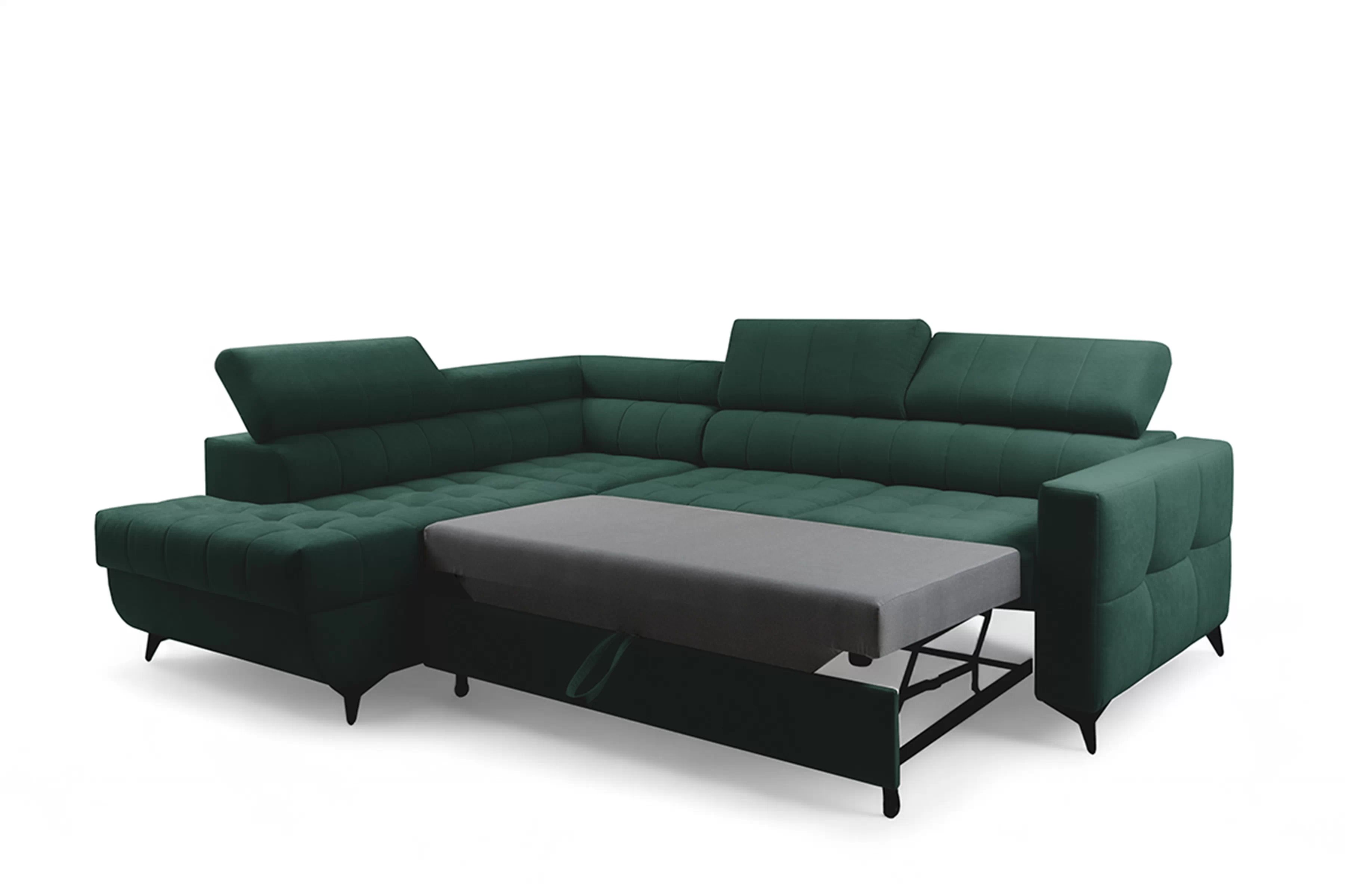 Rohová sedačka Nardo L s rozkladom ľavostranná - zelený zamat Bluvel 78 Rohová sedacia súprava Nardo L s funkciou spánku Ľavá strana - Zelený velúr Bluvel 78