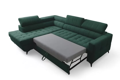 Rohová sedačka Nardo L s rozkladom ľavostranná - zelený zamat Bluvel 78 Rohová sedacia súprava Nardo L s funkciou spánku Ľavá strana - Zelený velúr Bluvel 78