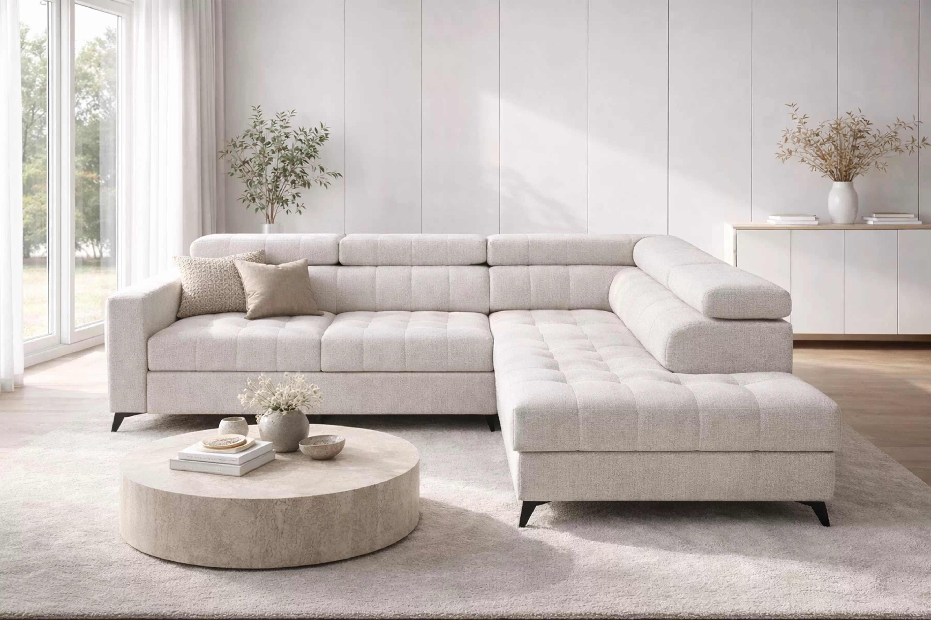 Rozkladacia rohová sedacia súprava Nardo L pravá - béžová ľahkočistiaca žinylka Taro 04 Rohová sedacia súprava Nardo L s funkciou spánku pravá strana - béžový šenil ľahkočistiaci Taro 04 