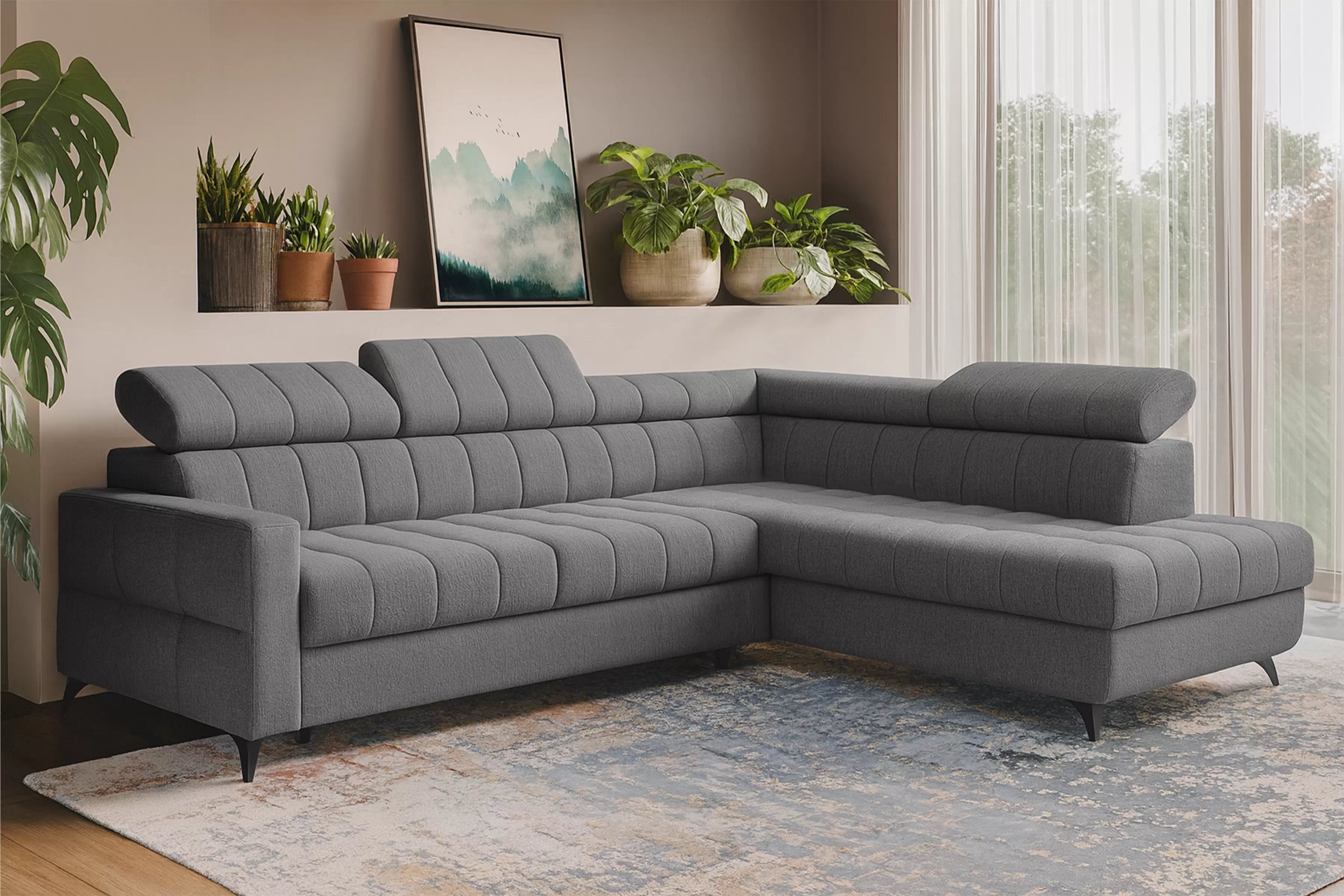 Rozkladacia rohová sedacia súprava Nardo L pravá - šedá ľahkočistiaca žinylka Taro 97 Rohová sedacia súprava Nardo L s funkciou spánku pravá strana - šedý šenil ľahkočistiaci Taro 97 