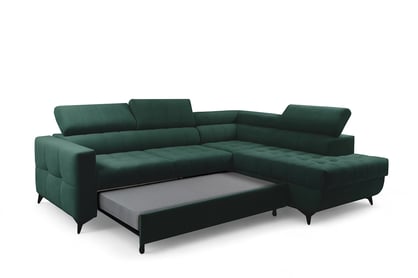 Rozkladacia rohová sedacia súprava Nardo L pravá - zelený zamat Bluvel 78 Rohová sedacia súprava Nardo L s funkciou spánku pravá strana - Zelený velúr Bluvel 78